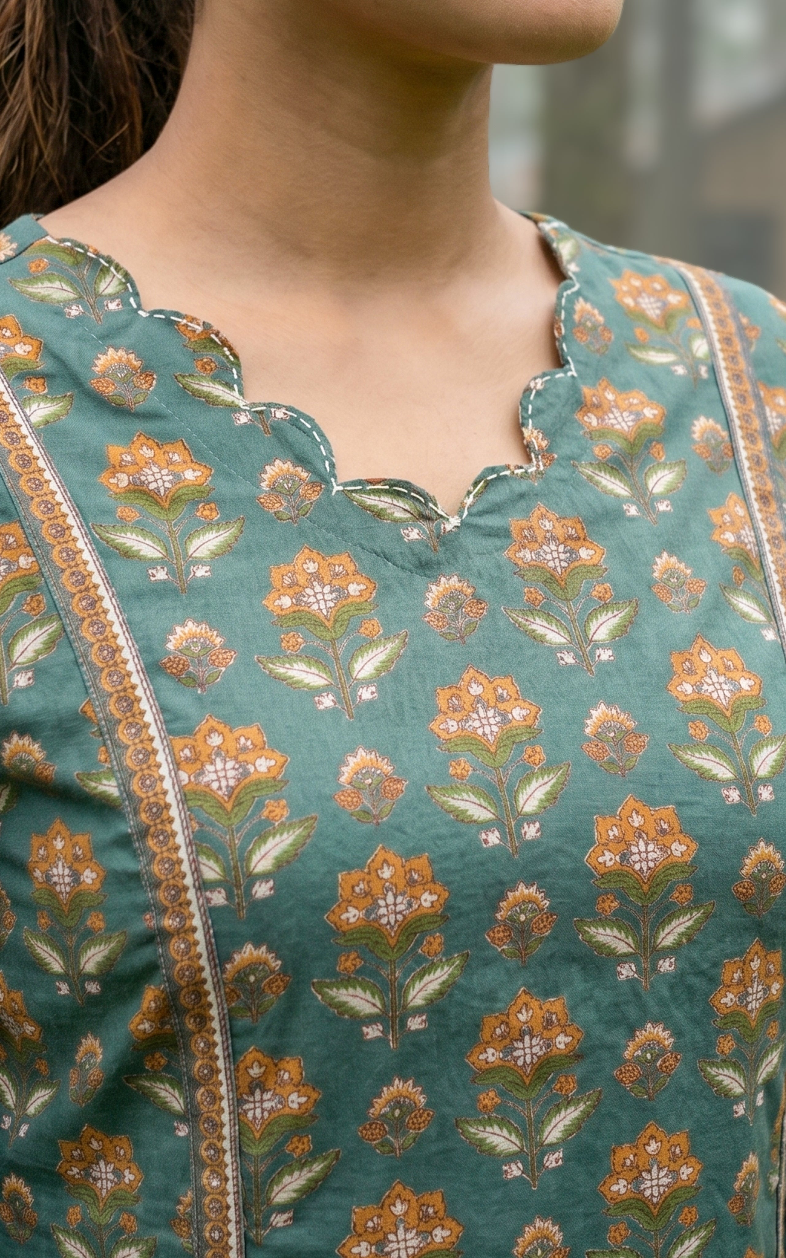 Instore - Green Printed Cotton Straight Cut Kurti with Side Slit, Straight Pant with Side Pocket & Cotton Dupatta, No Lining