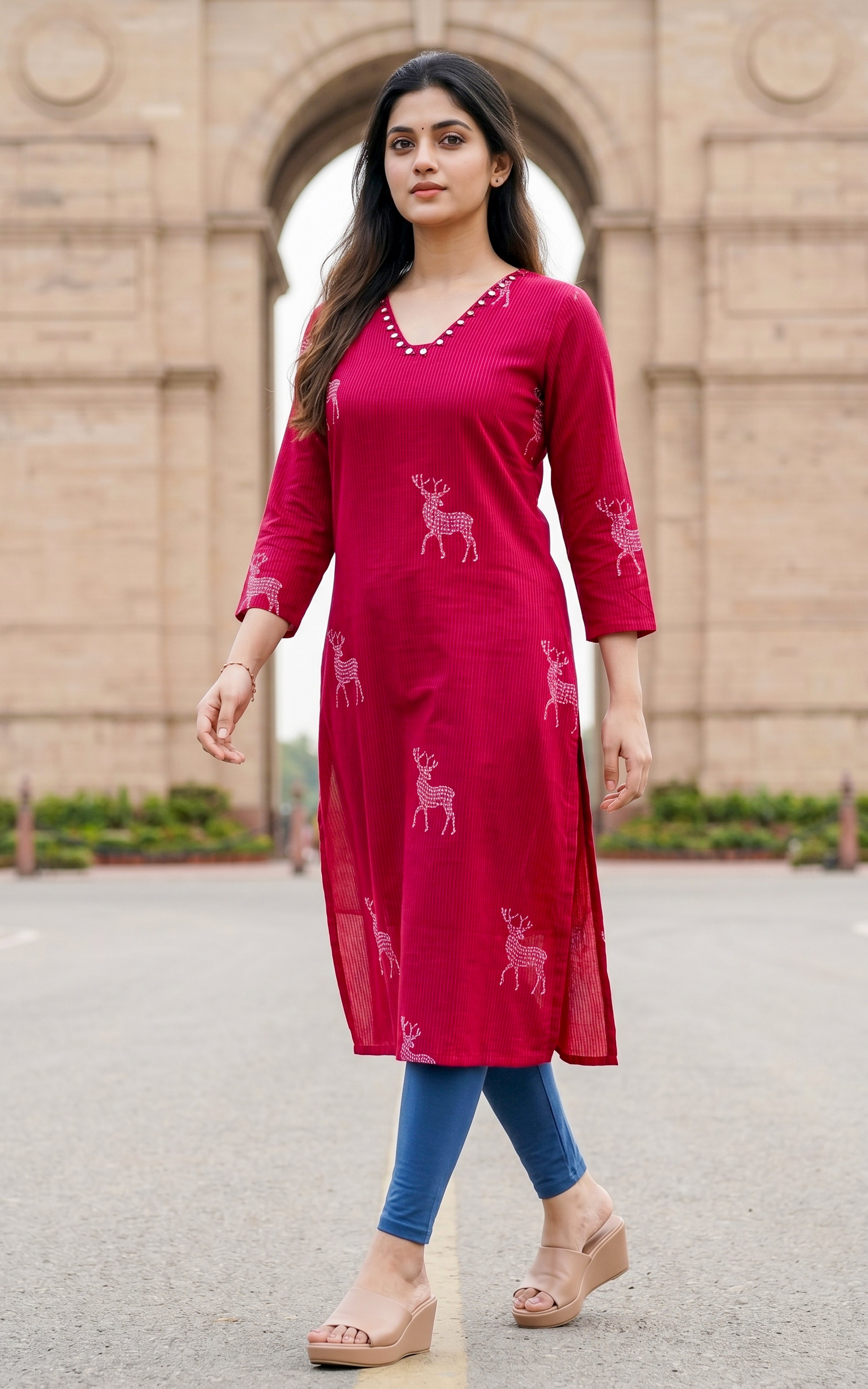 Soft cotton straight cut kurti for women
V neck kurti with mirror embroidery