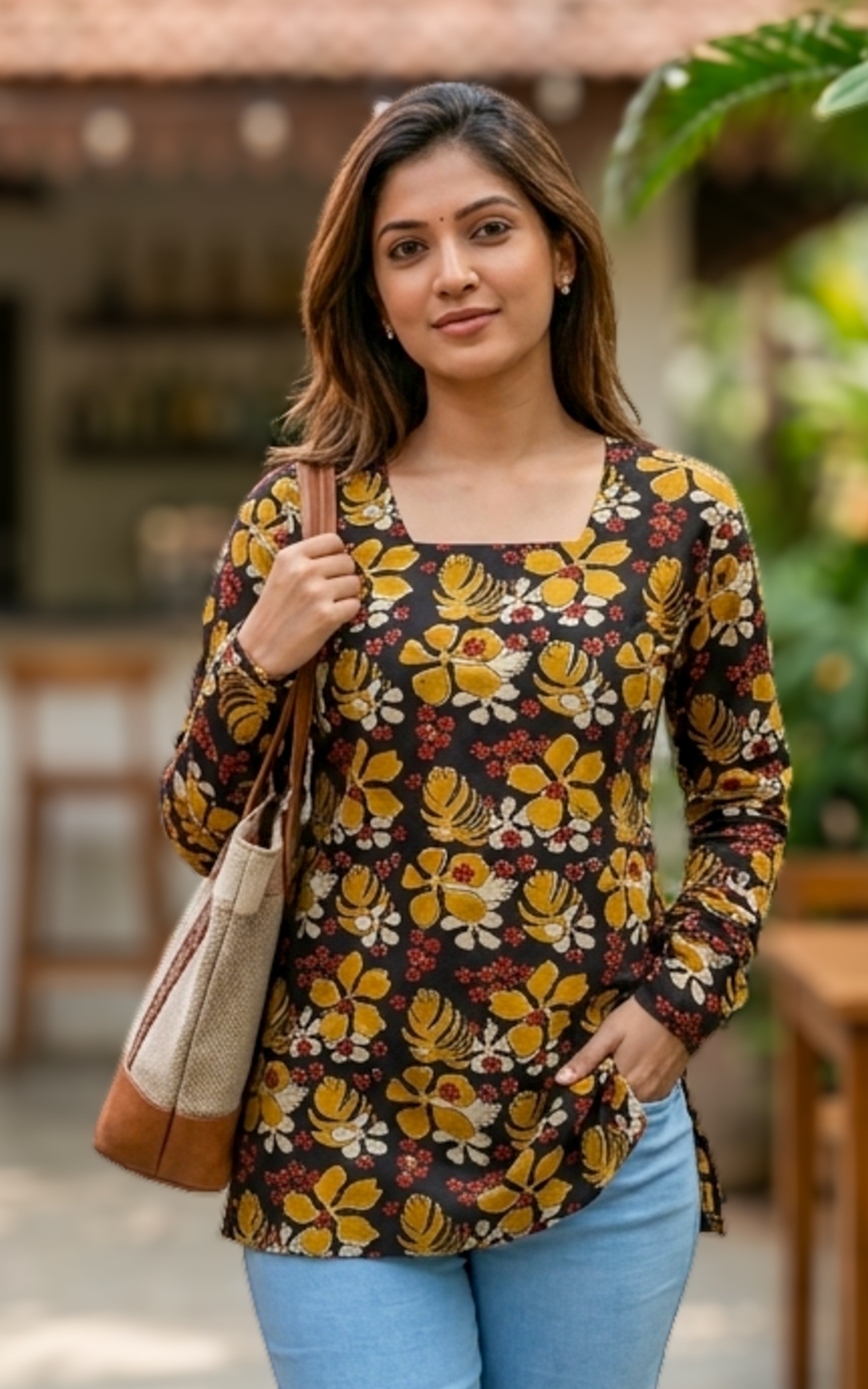 Instore – Handblock Printed Cotton Short Straight Cut Kurti for Women – Gathered Sleeves – Ethnic Wear