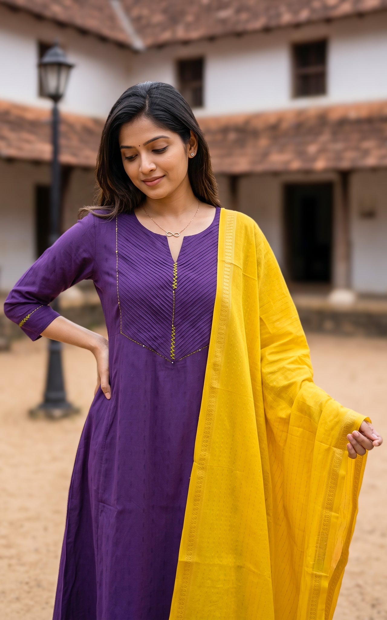 Violet and Mustard Yellow Art Silk Anarkali Kurti Dupatta for Women