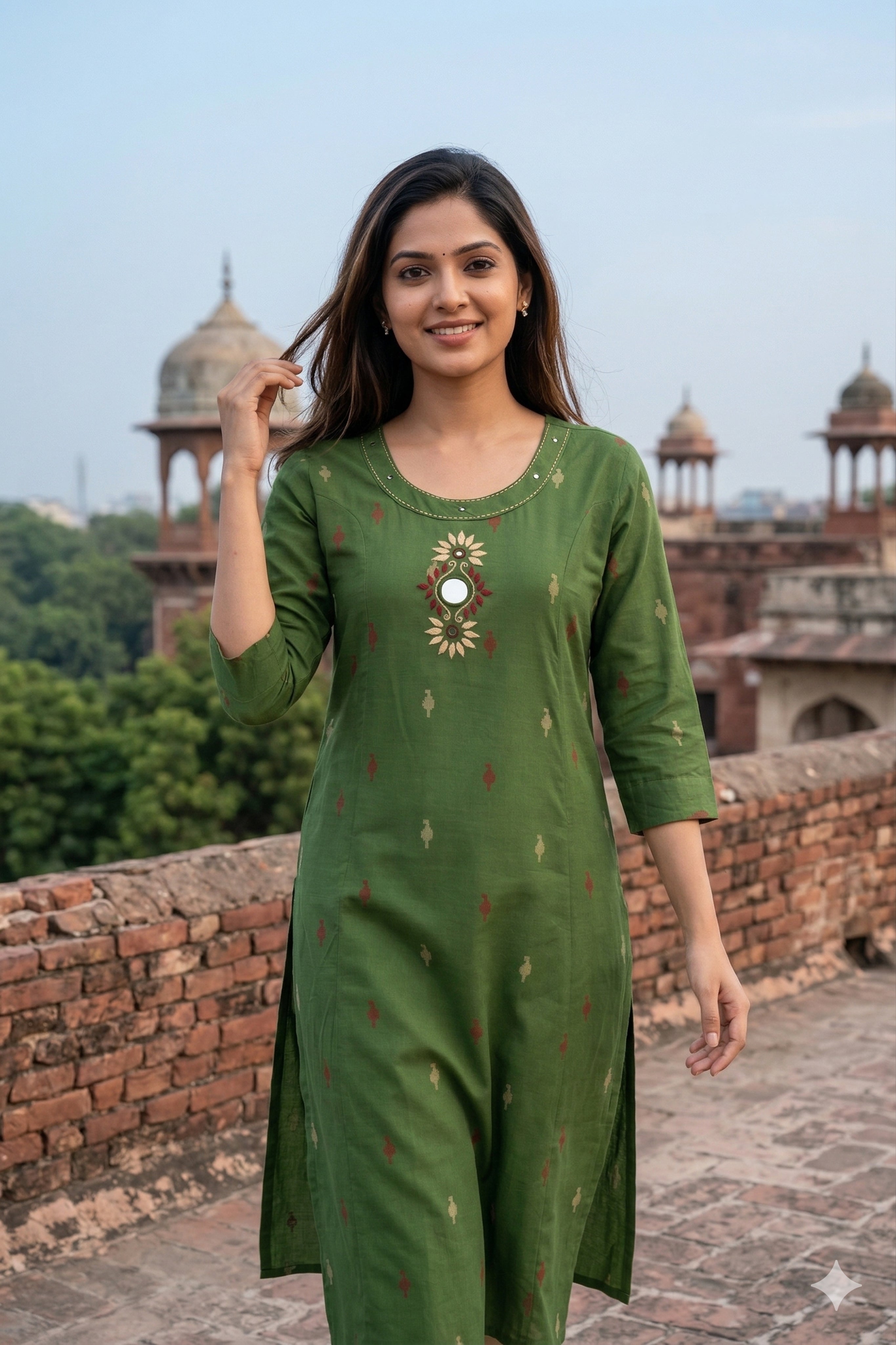 Instore - Green Cotton Blend Straight Kurti with Round Neck, Mirror Embroidery, Side Slits, Palazzo Pant, No Lining