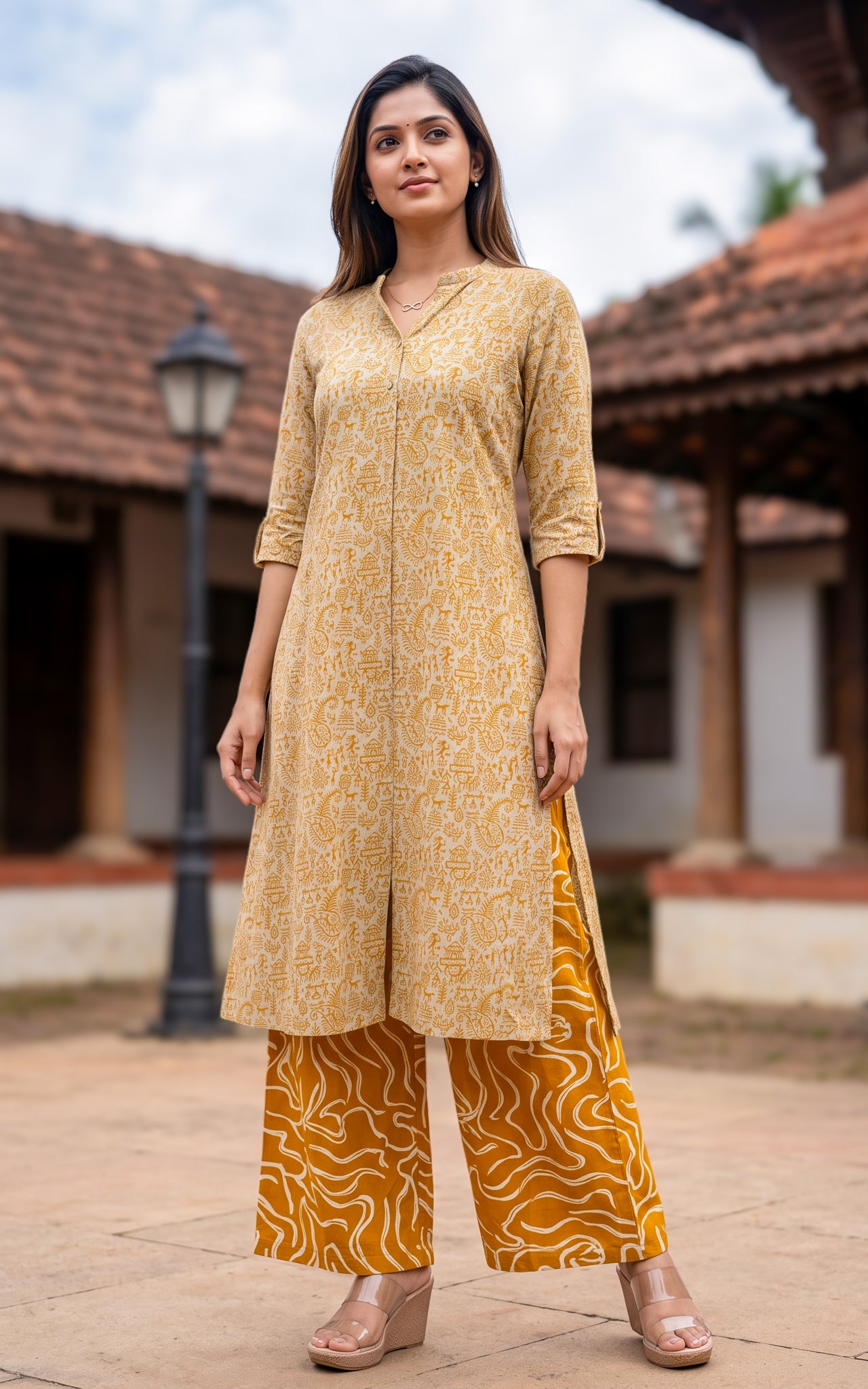 Mustard and Beige Cotton Flex Casual Wear Kurti Set for Women