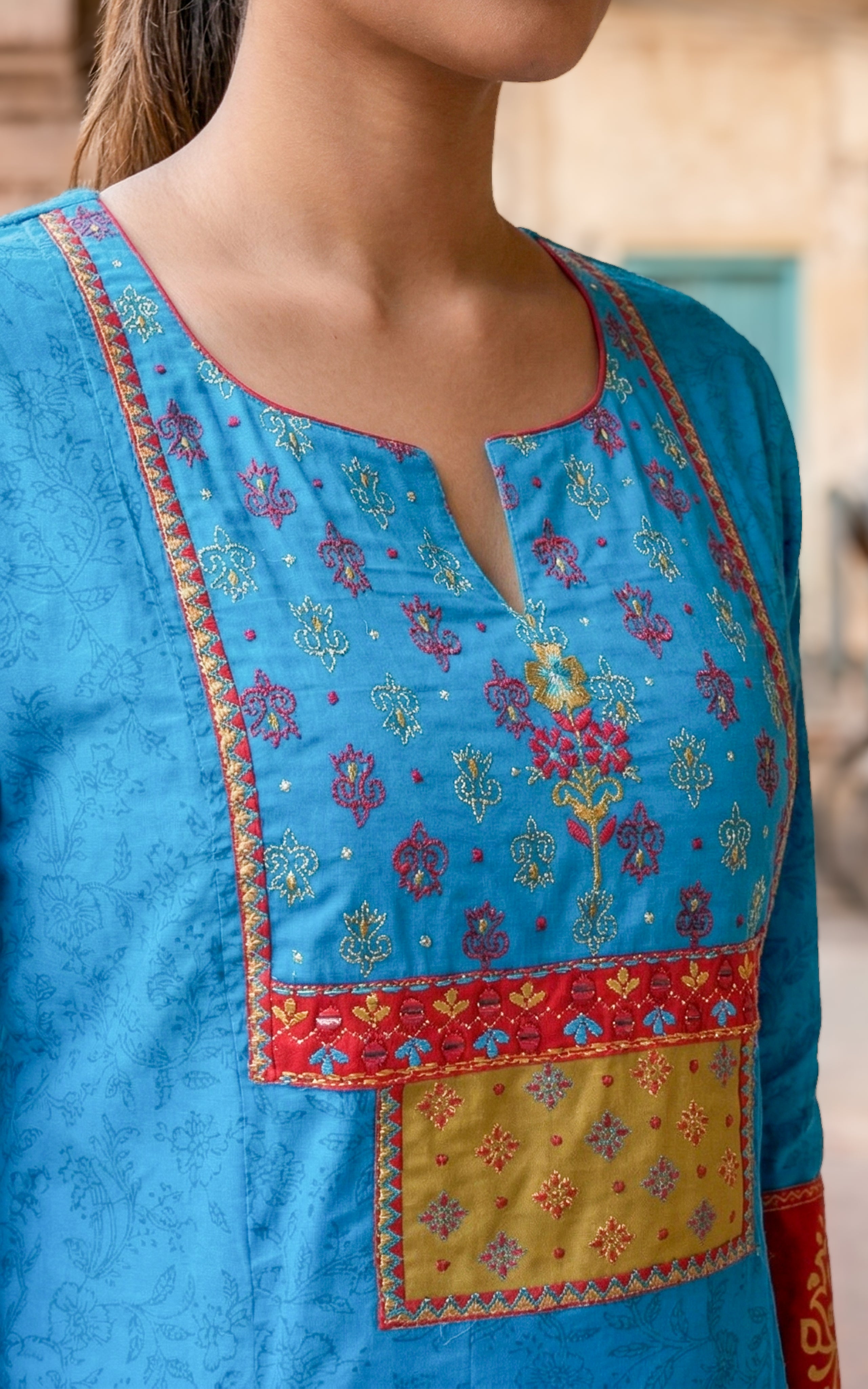 Instore - Blue Color Cotton Handblock Aline Kurti Featuring Contrast Yoke Panel