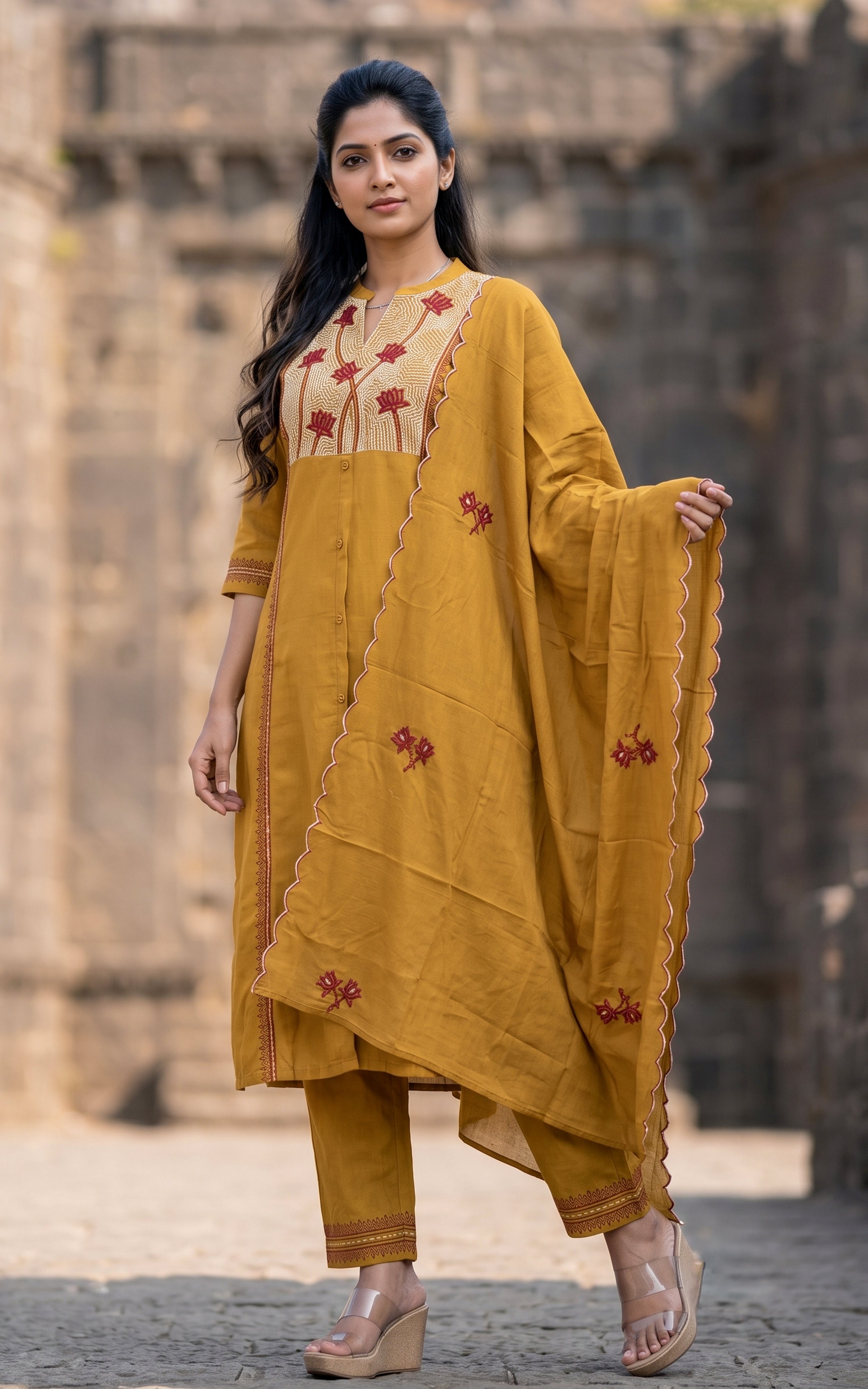 Dark Mustard Cotton Casual Wear Kurti Set for Women