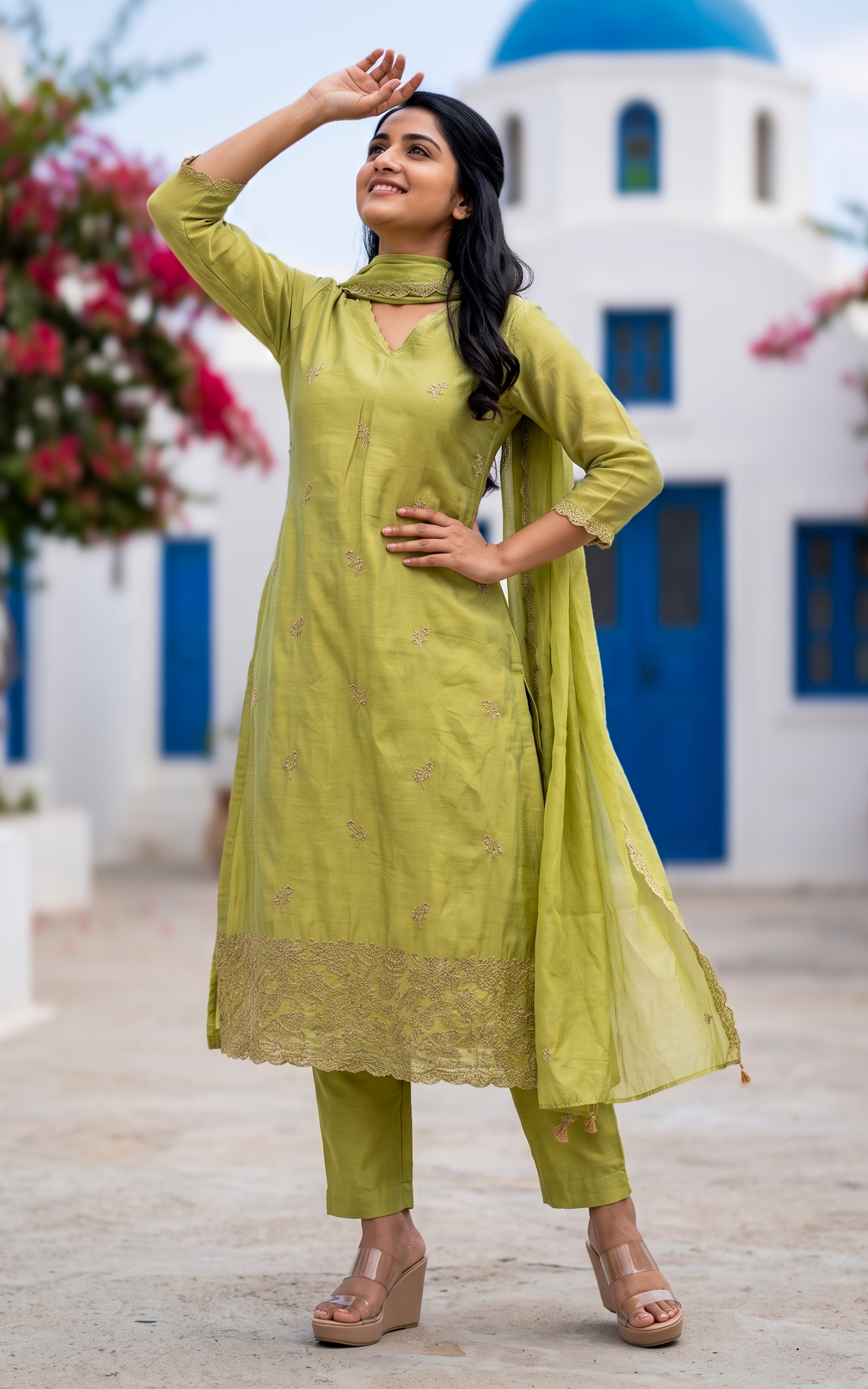 Green Chanderi Designer Straight Cut Kurti Set for Women