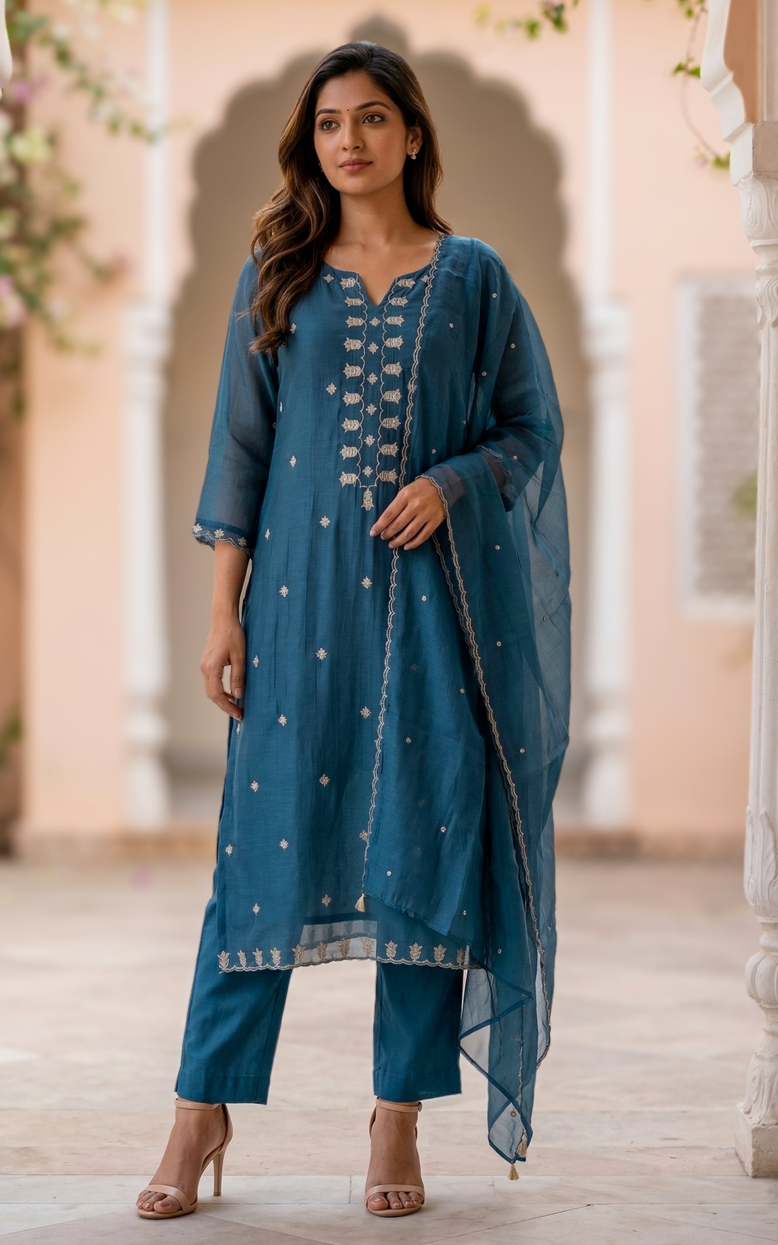 Instore – Light Navy Blue Suguna Kurti Pant Dupatta Set for Women – Chanderi – Festive Ethnic Wear