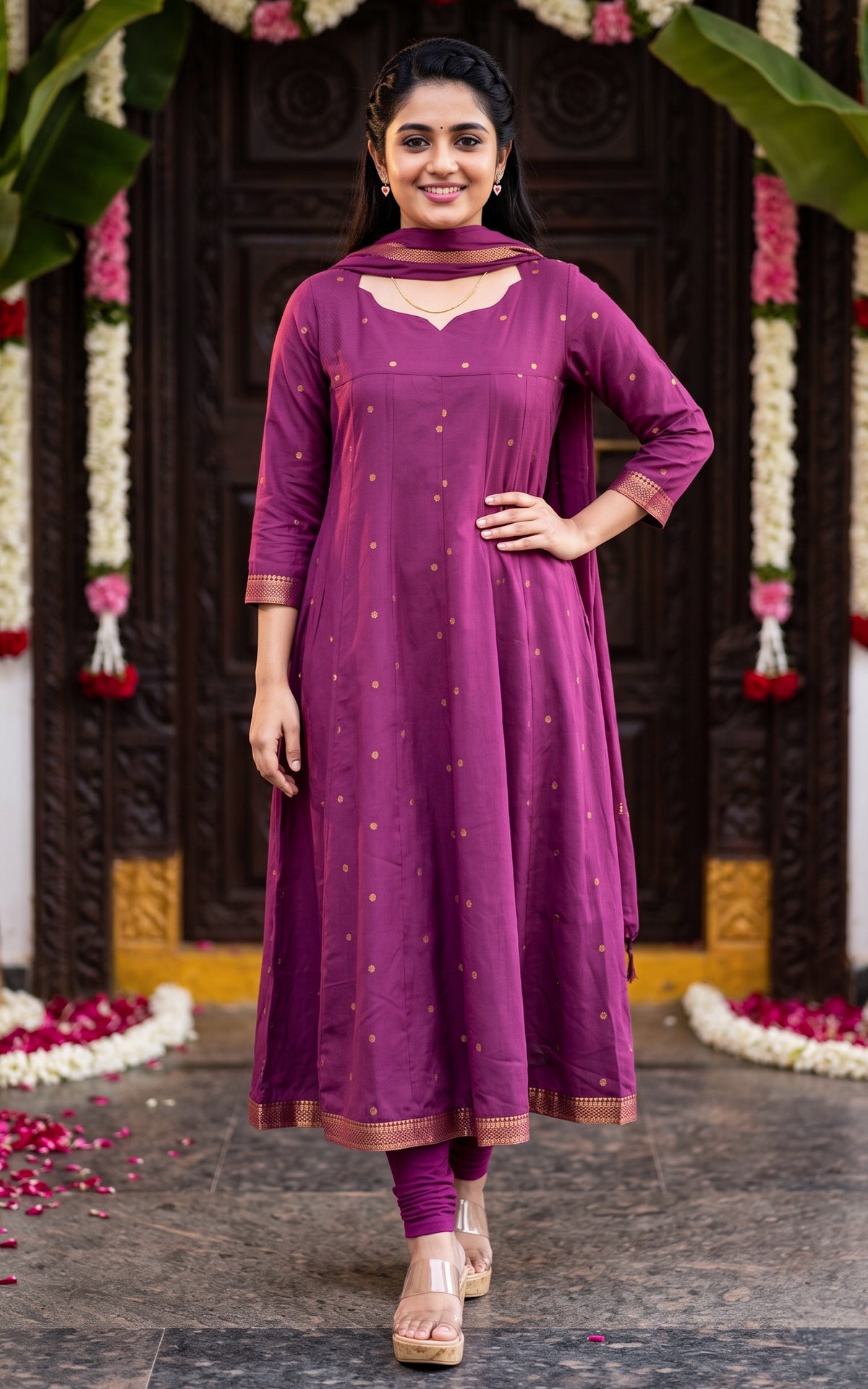 Plum Cotton Traditional Anarkali Kurti with Dupatta for Women
