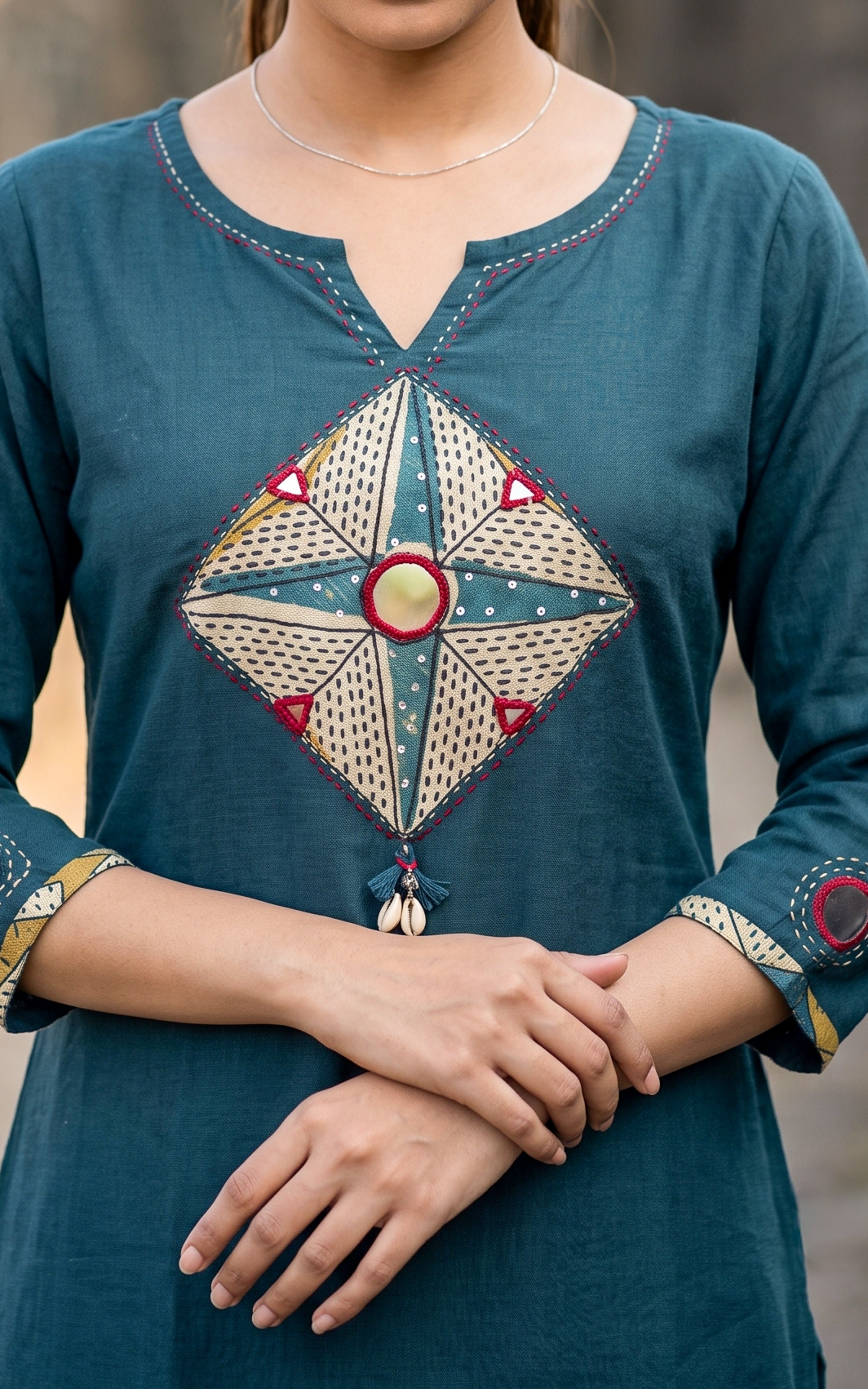 Peacock Blue Cotton Semi Aline Kurti Set with Side Slit for Women
