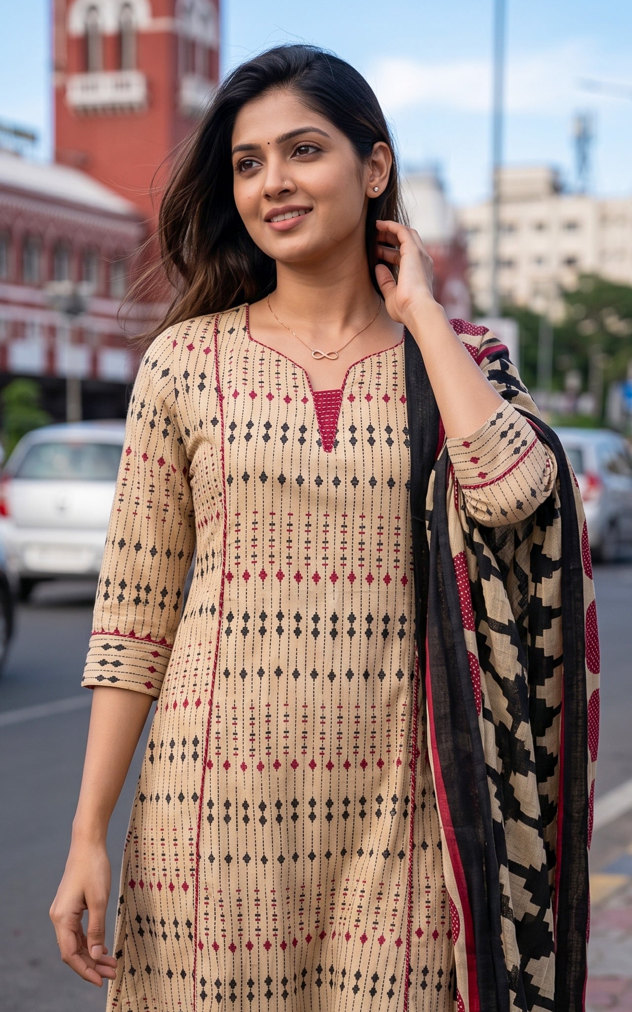 Beige and Black Cotton Casual Wear Kurti Dupatta for Women