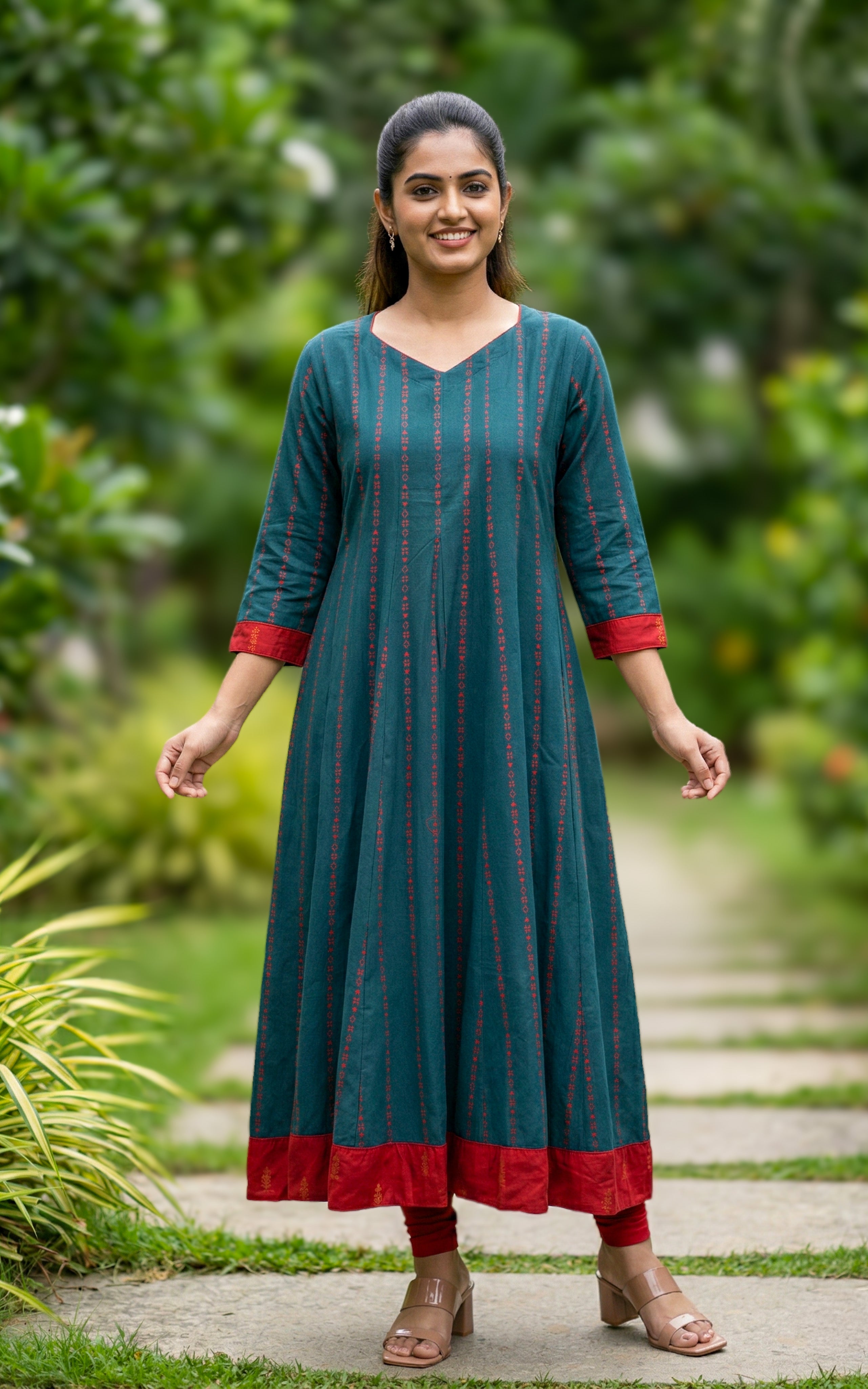 Teal South Cotton Full Flared Anarkali Daily Wear