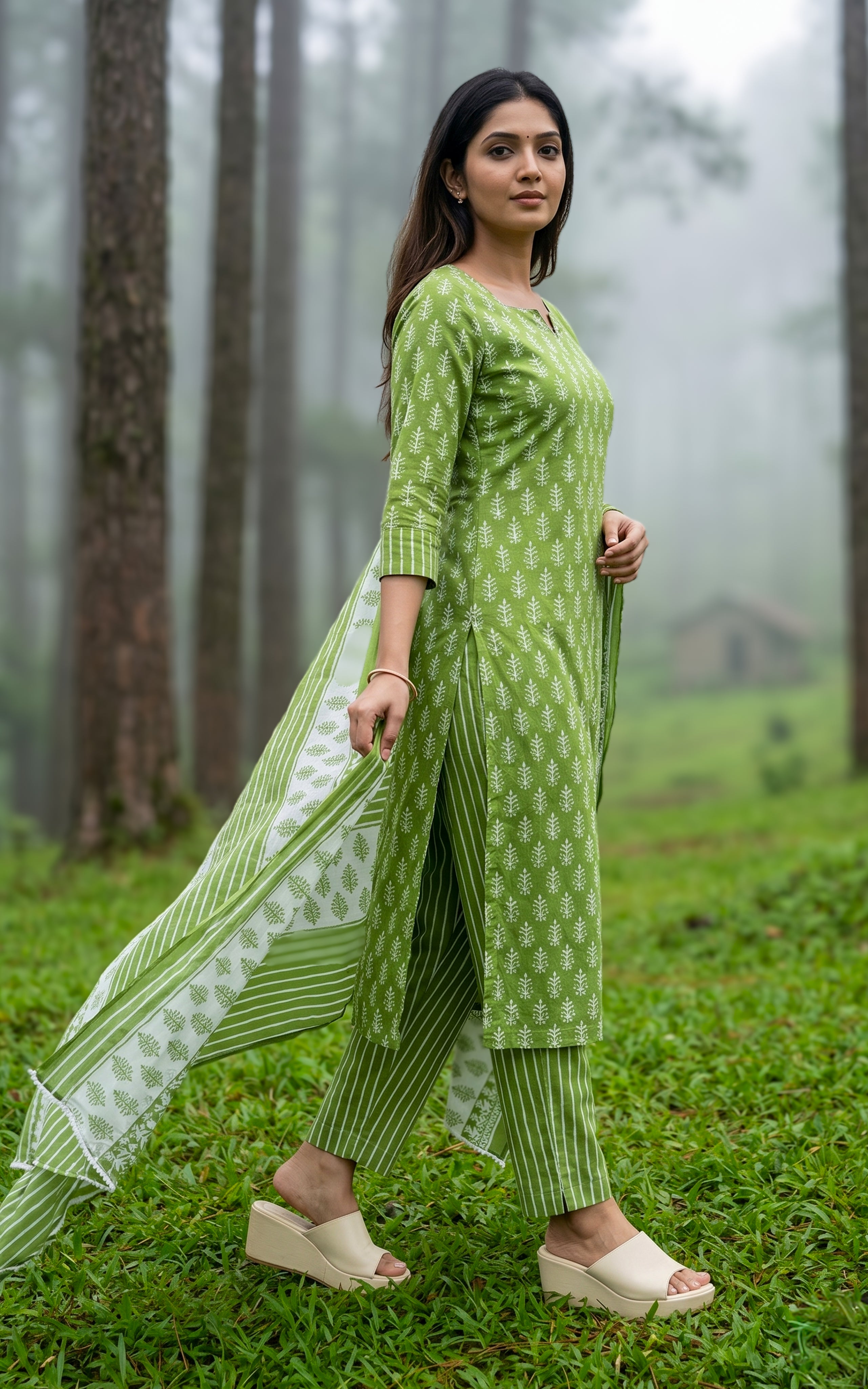 Green stylish ethnic kurti set for women
