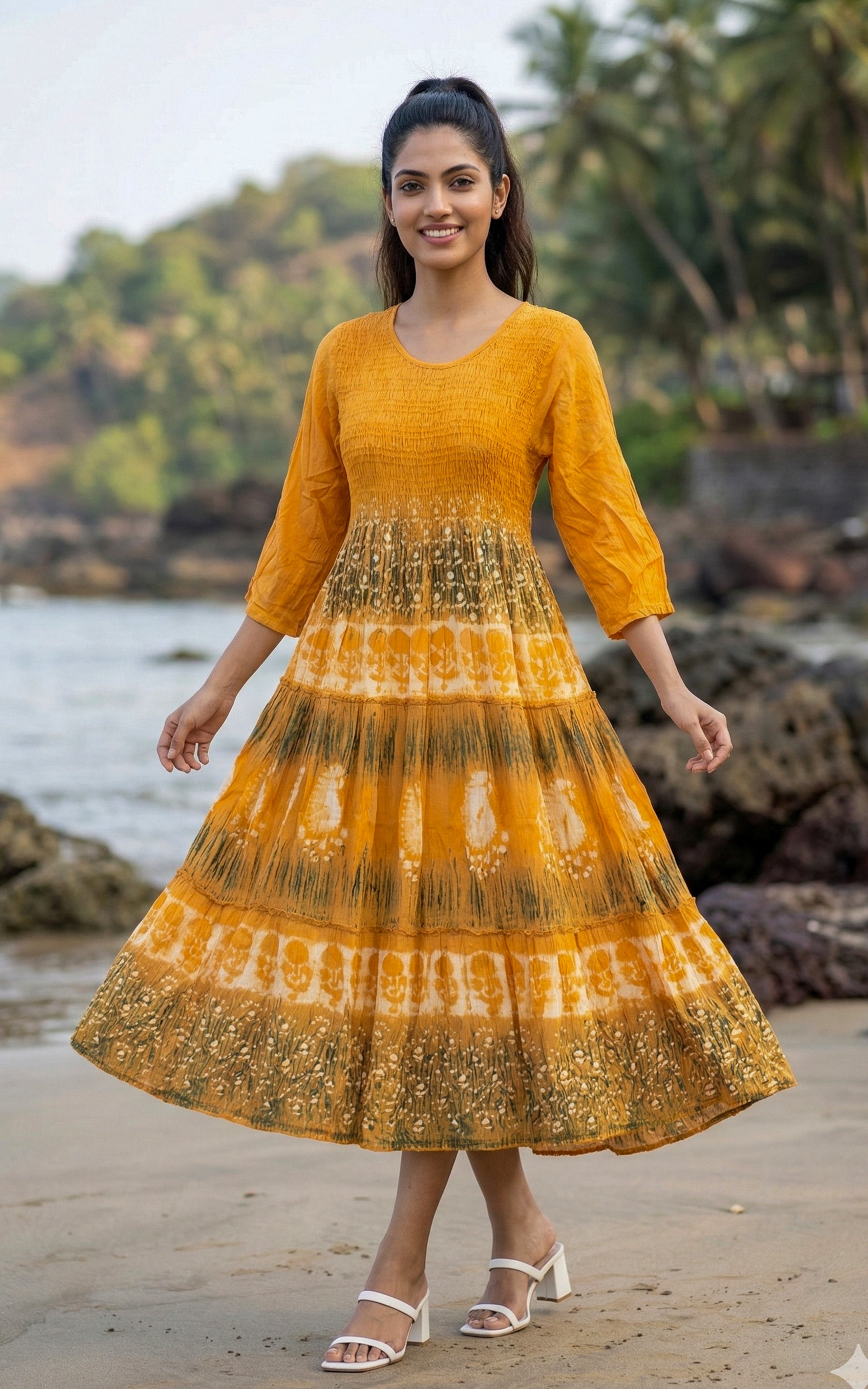 Trendy black viscose smocked Indo Western maxi dress for women's