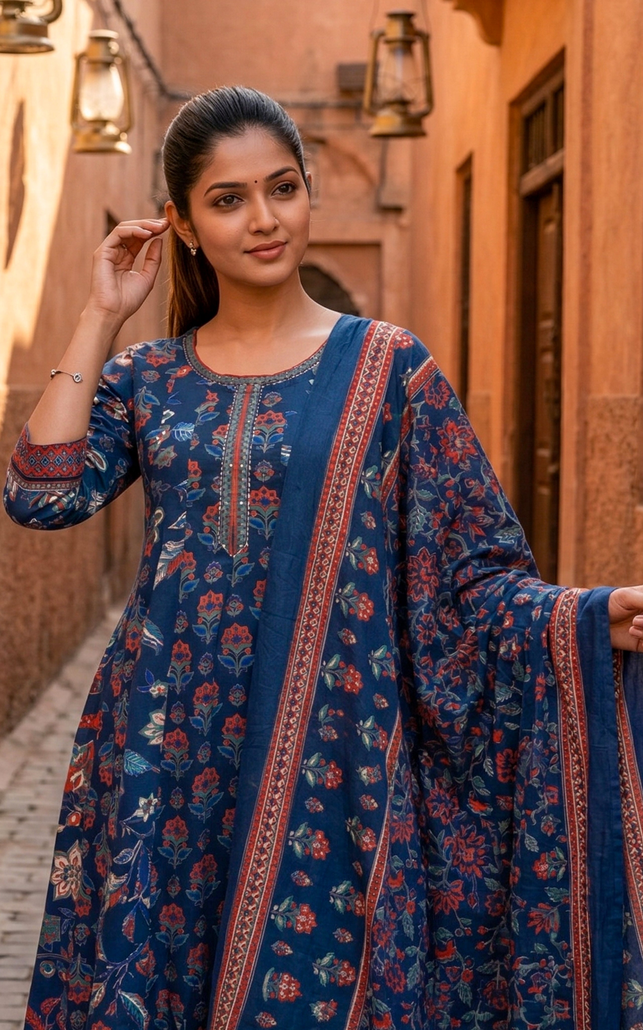Fazia Navy Blue (Kurti+Dupatta)