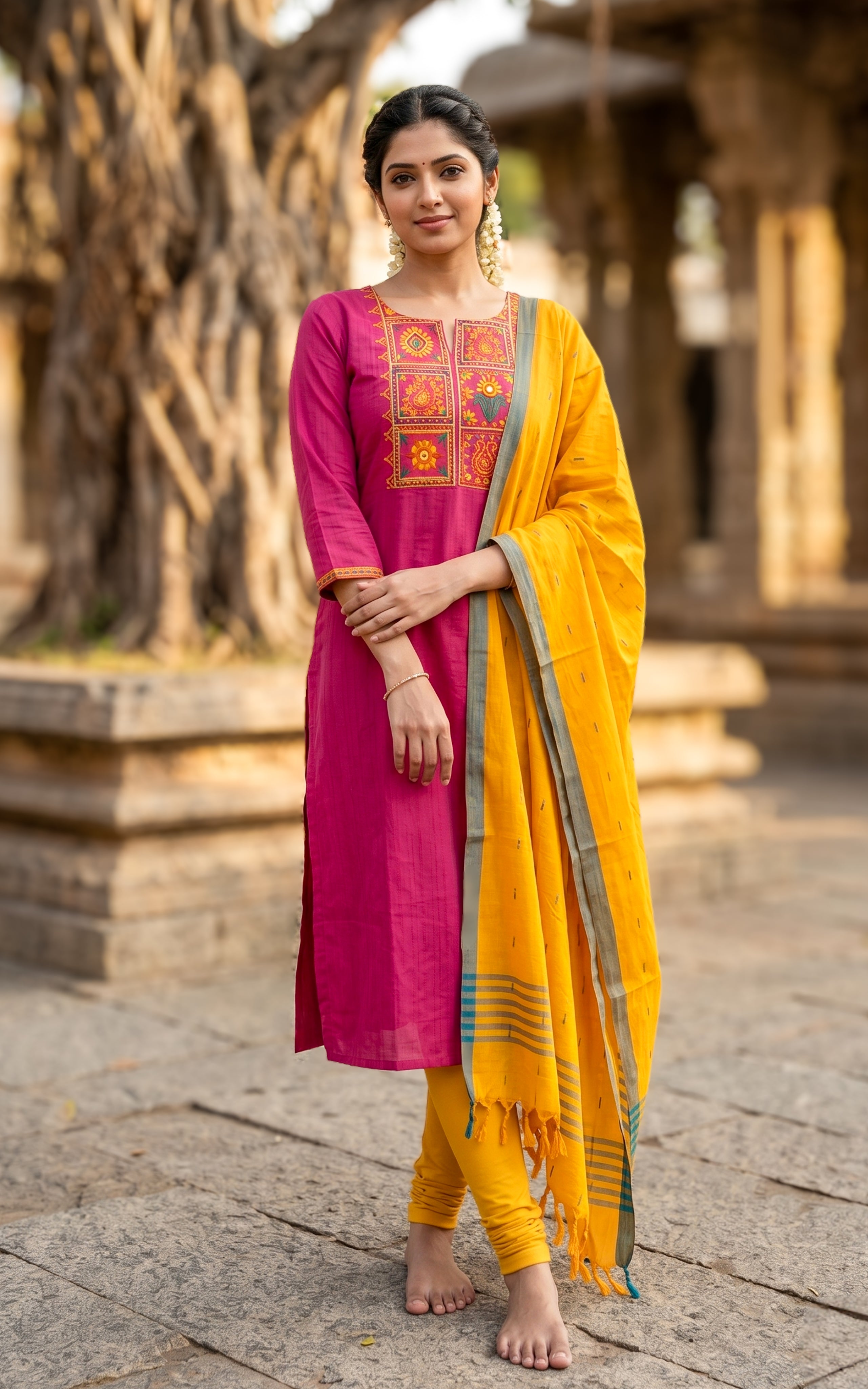 Pink cotton Aline kurti set for women