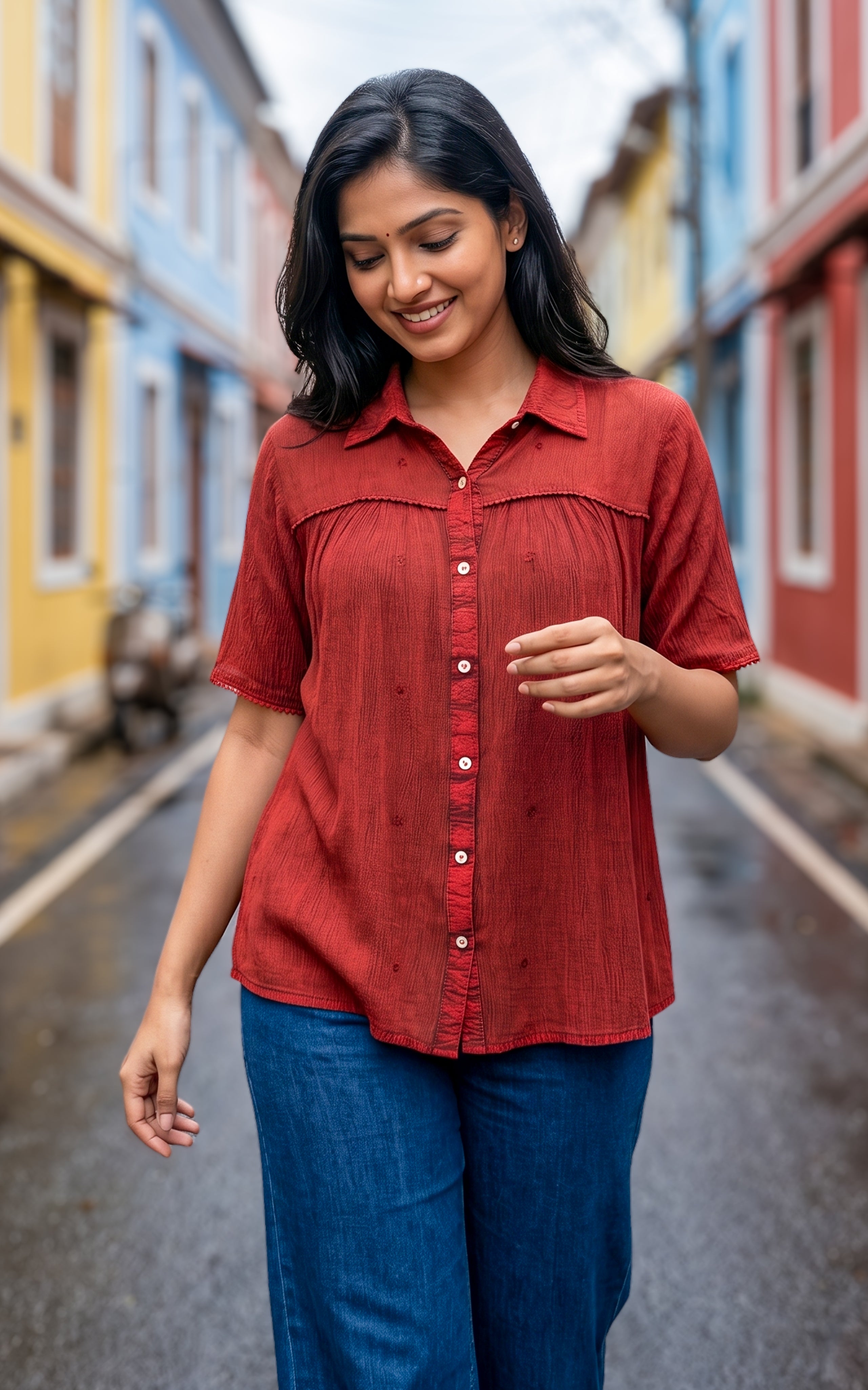 Rust viscose indo western short top for women