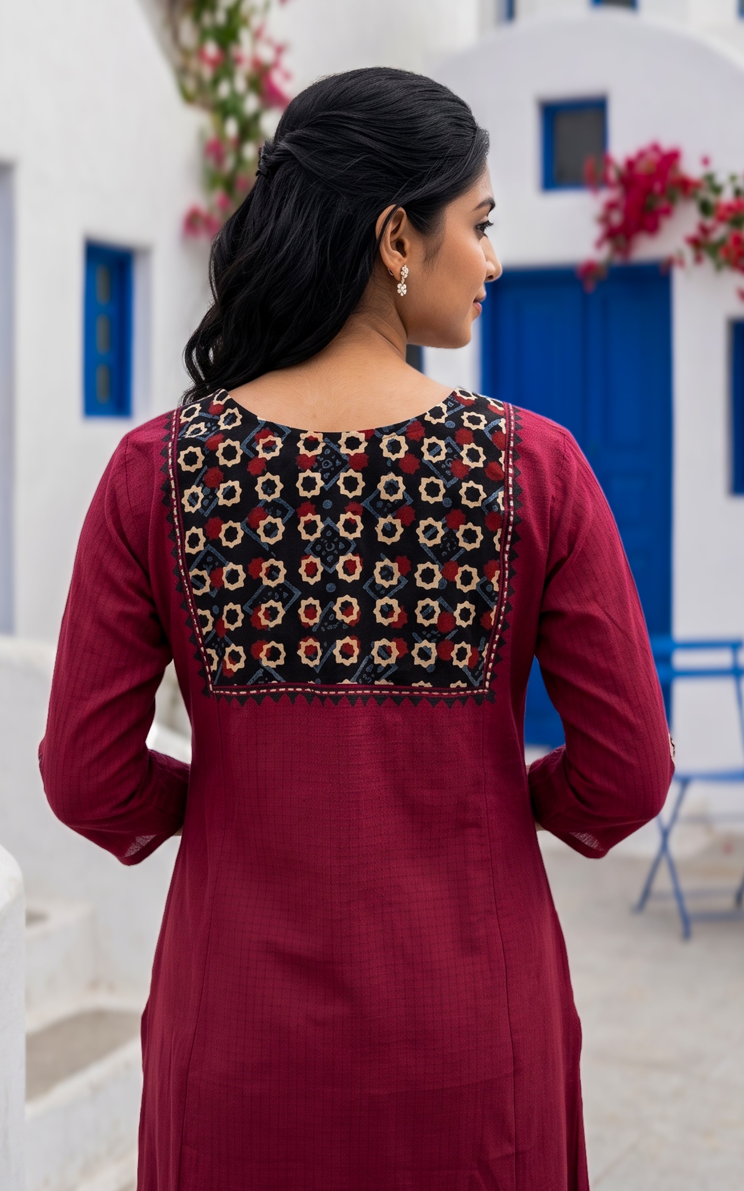 Maroon Cotton Aline Kurti Set with One Side Pocket for Women