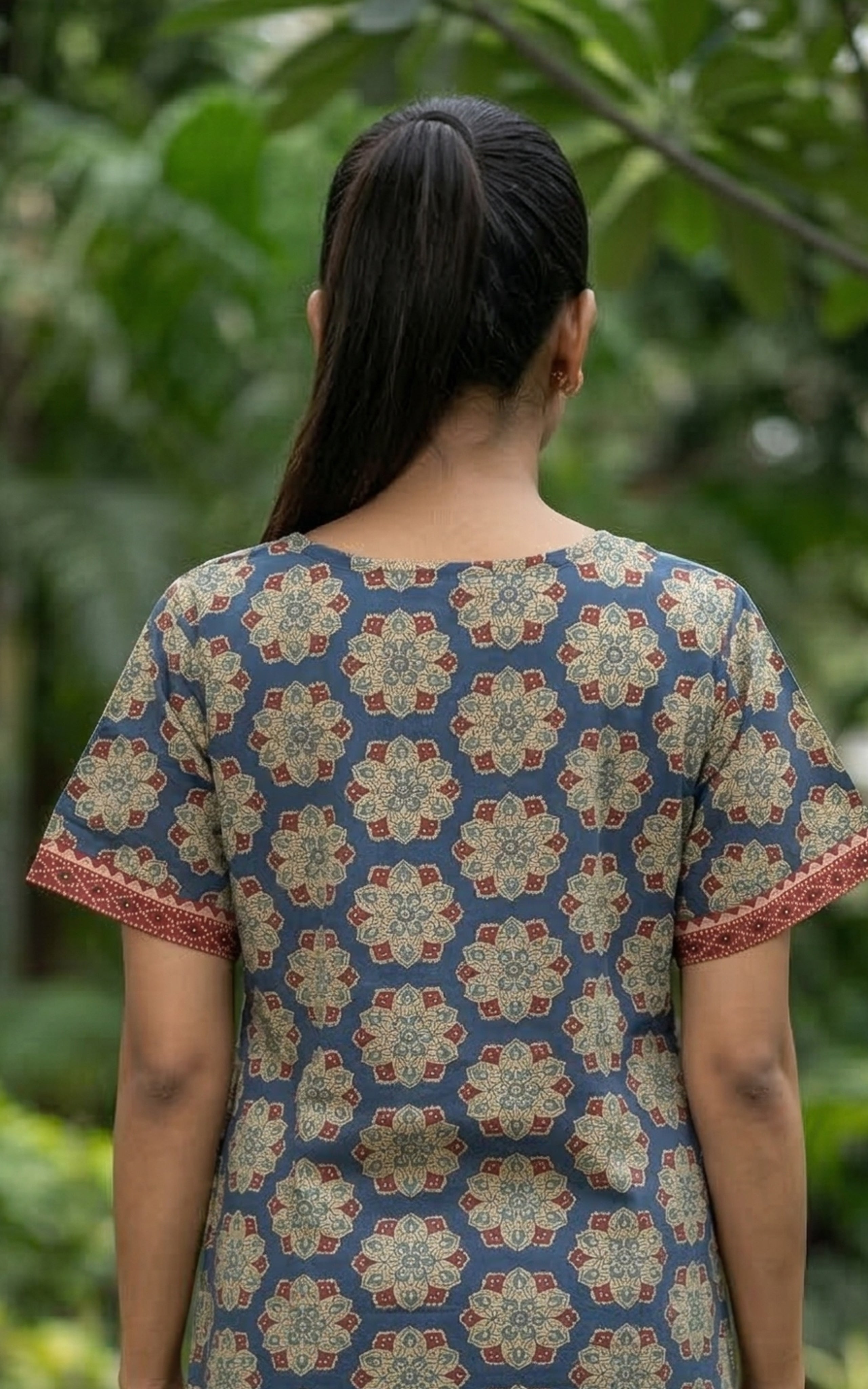 Instore – Slate Blue Cotton Long Nighty, Floral Motif Print, Round Neck with Printed Yoke Panel, Relaxed Fit, Women's Sleepwear