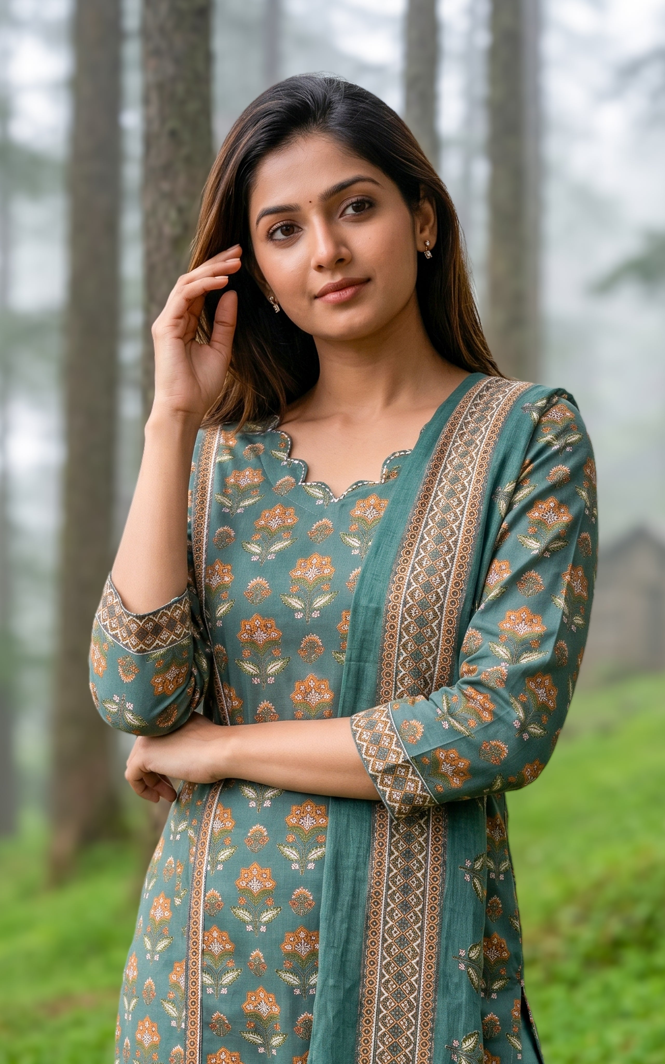 Instore - Green Printed Cotton Straight Cut Kurti with Side Slit, Straight Pant with Side Pocket & Cotton Dupatta, No Lining