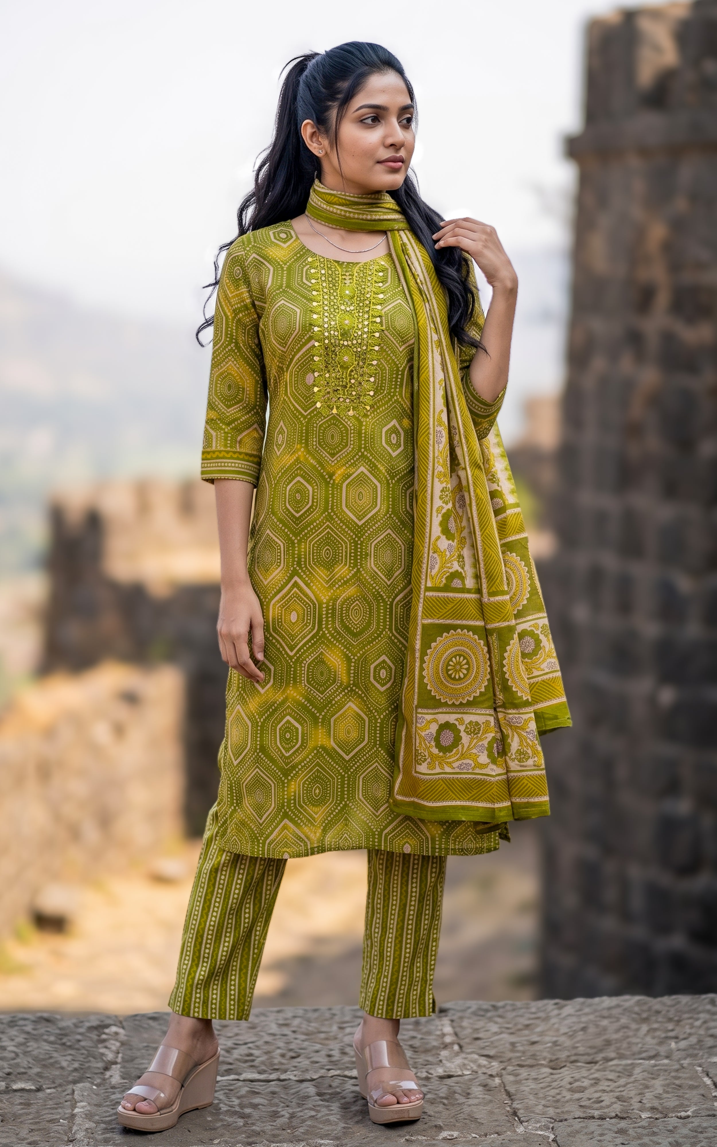 Green Art Silk Ethnic Wear Kurti Set with Dupatta for Women