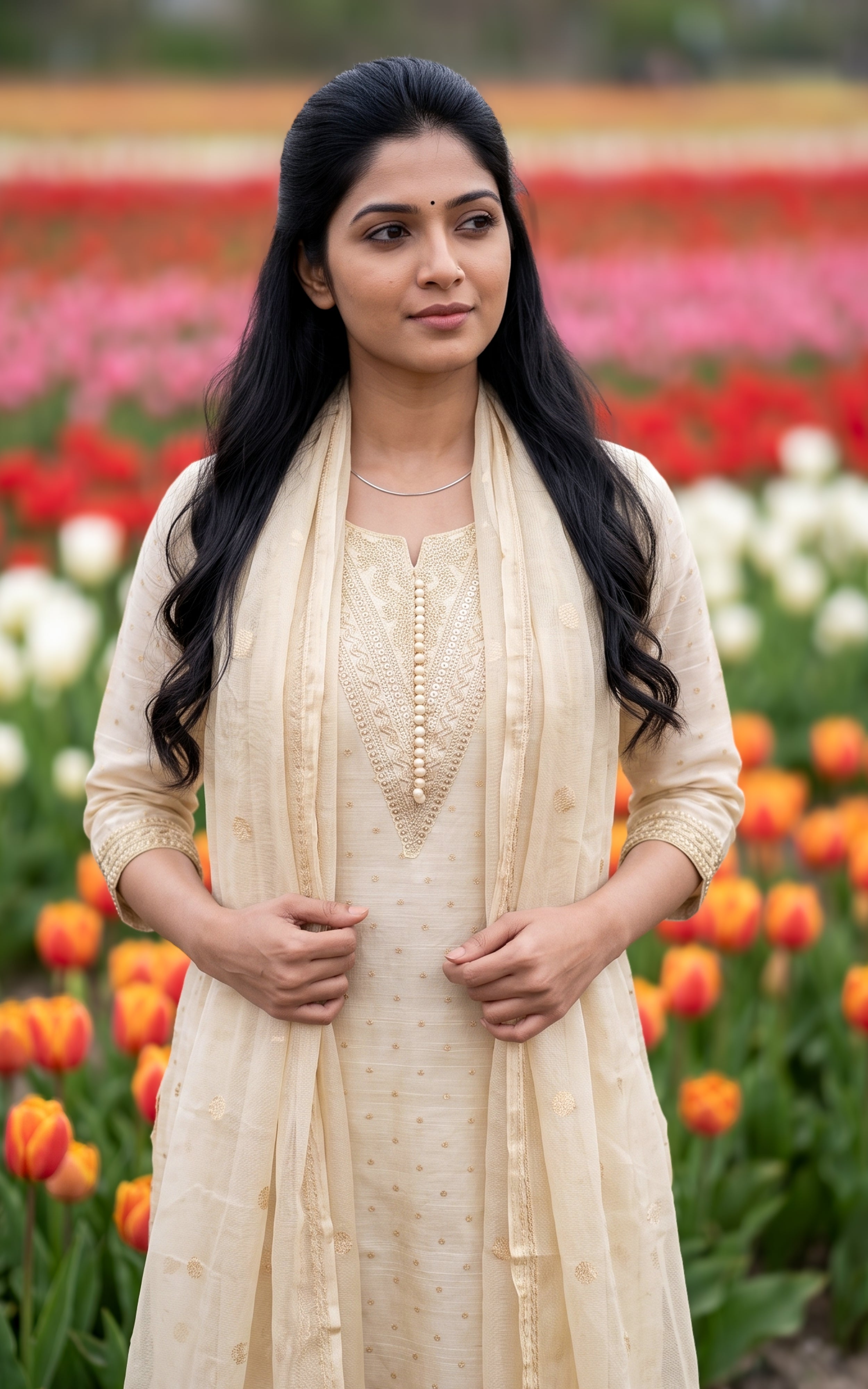 Beige Chanderi Ethnic Wear Kurti Set with Dupatta for Women
