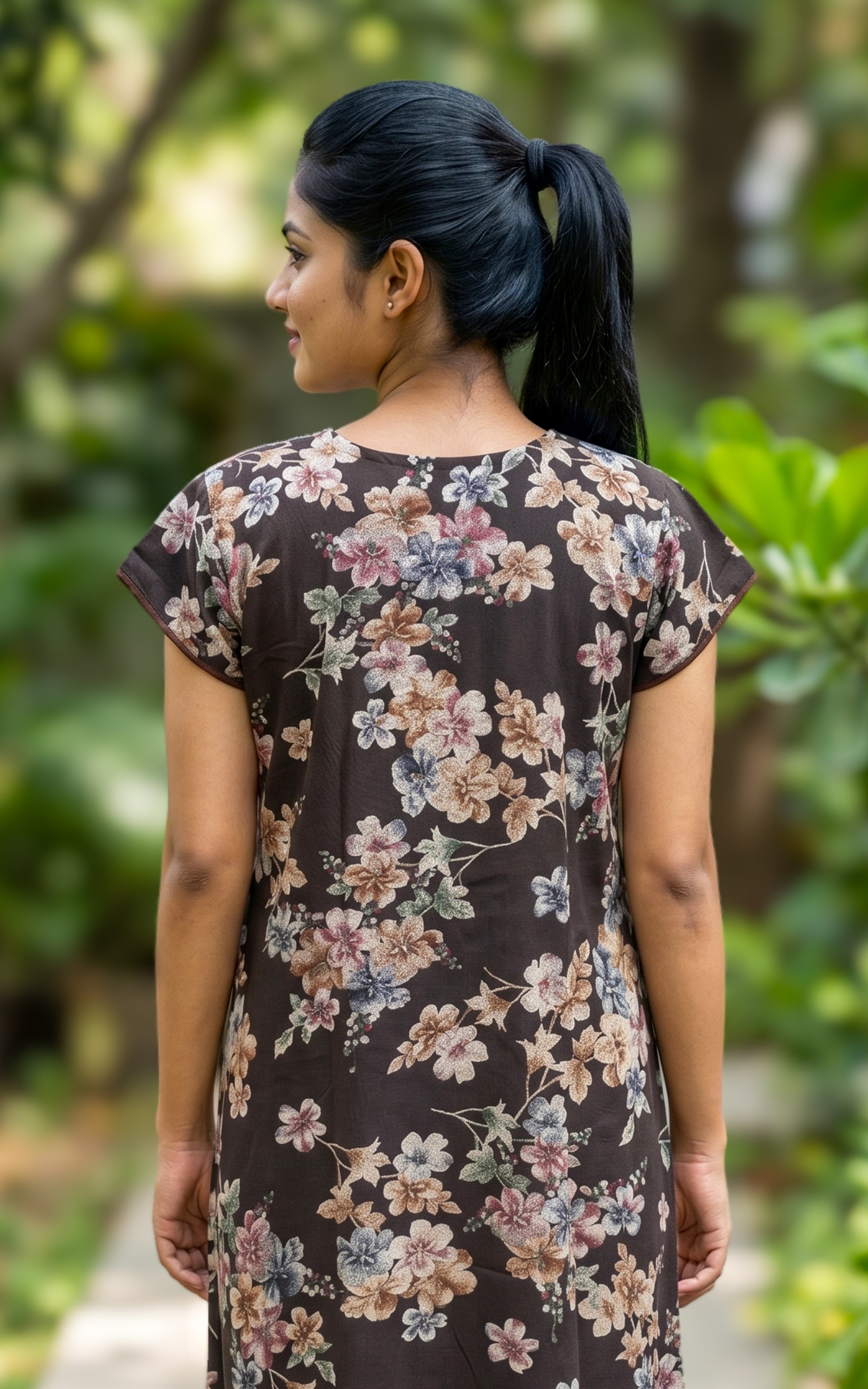 Instore - Black Floral Print Cotton Long Nighty with Side Pocket, Relaxed Fit, Women's Sleepwear