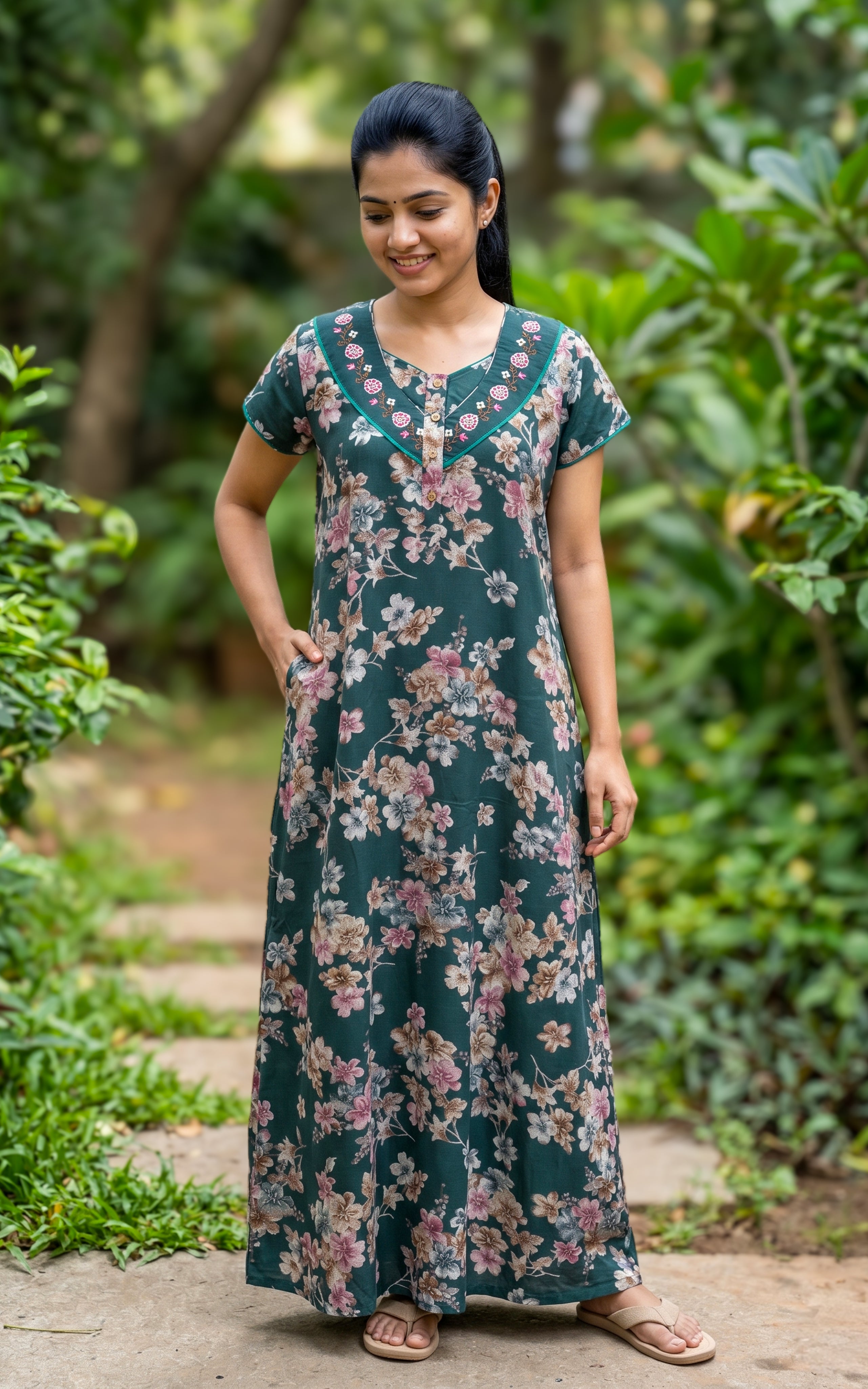 Instore - Green Floral Print Cotton Long Nighty with Side Pocket, Relaxed Fit, Women's Sleepwear