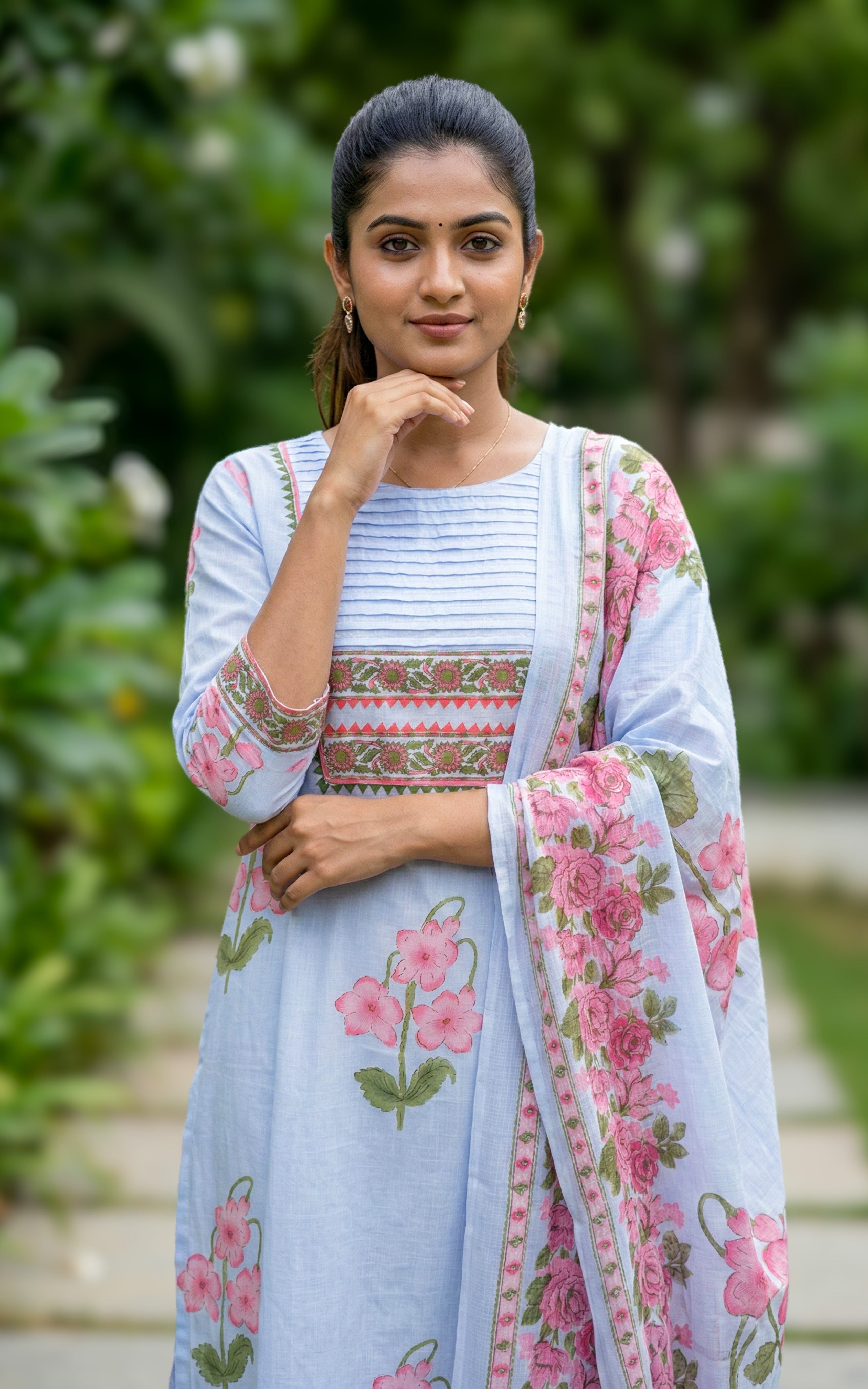 stylish pastel blue cotton kurti pant set for college
trendy square neckline kurti set
modern casual kurti with front yoke detailing
fashionable cotton kurti pant set for students