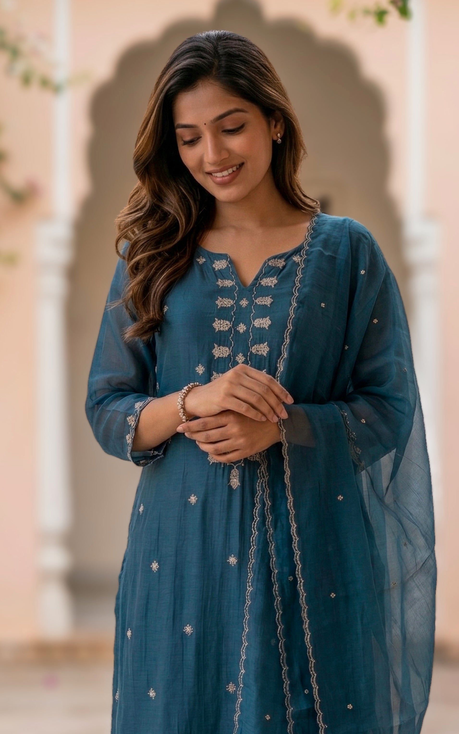 Instore – Light Navy Blue Suguna Kurti Pant Dupatta Set for Women – Chanderi – Festive Ethnic Wear