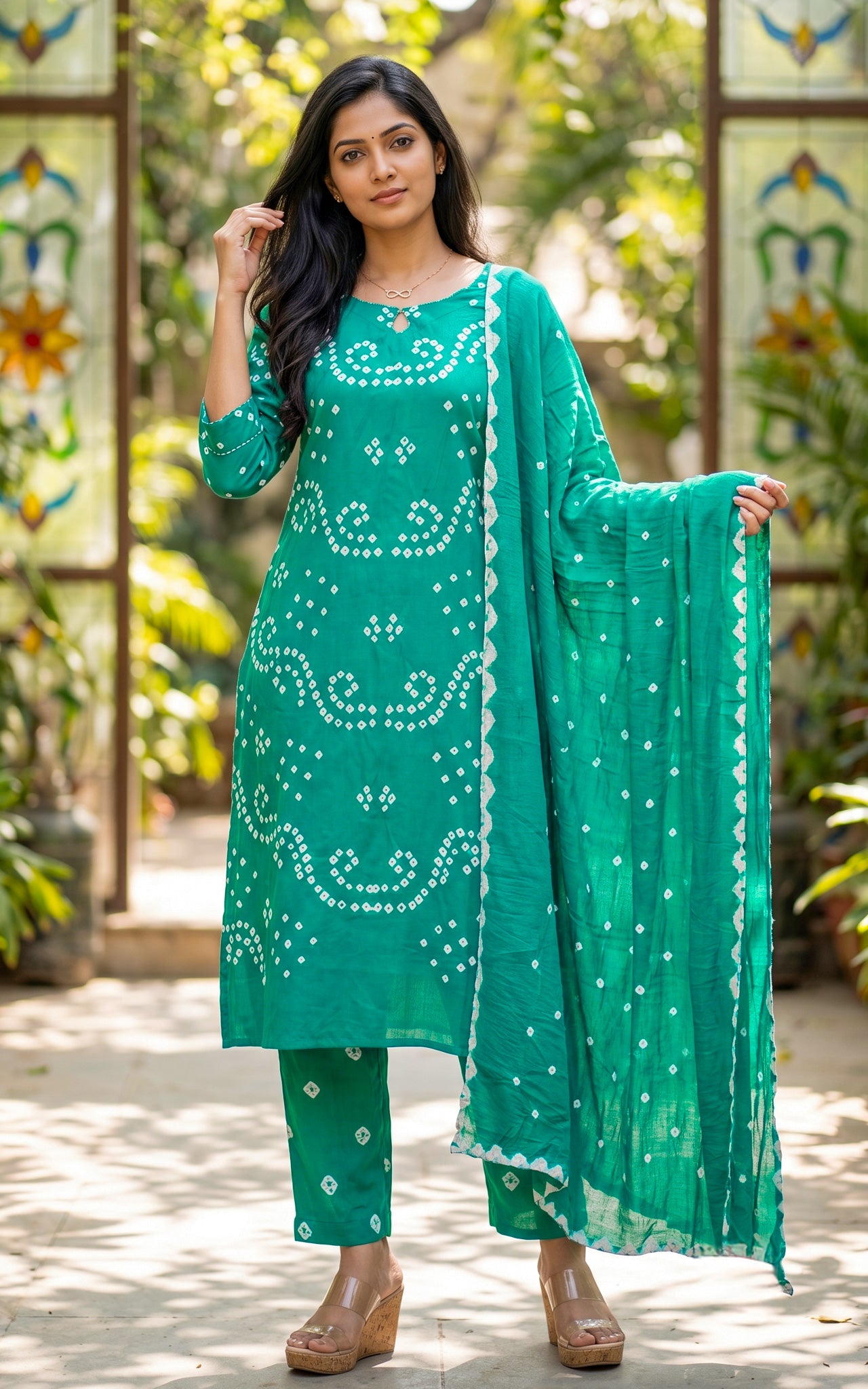 Aqua Green Cotton Bandhani Kurti Set for Women