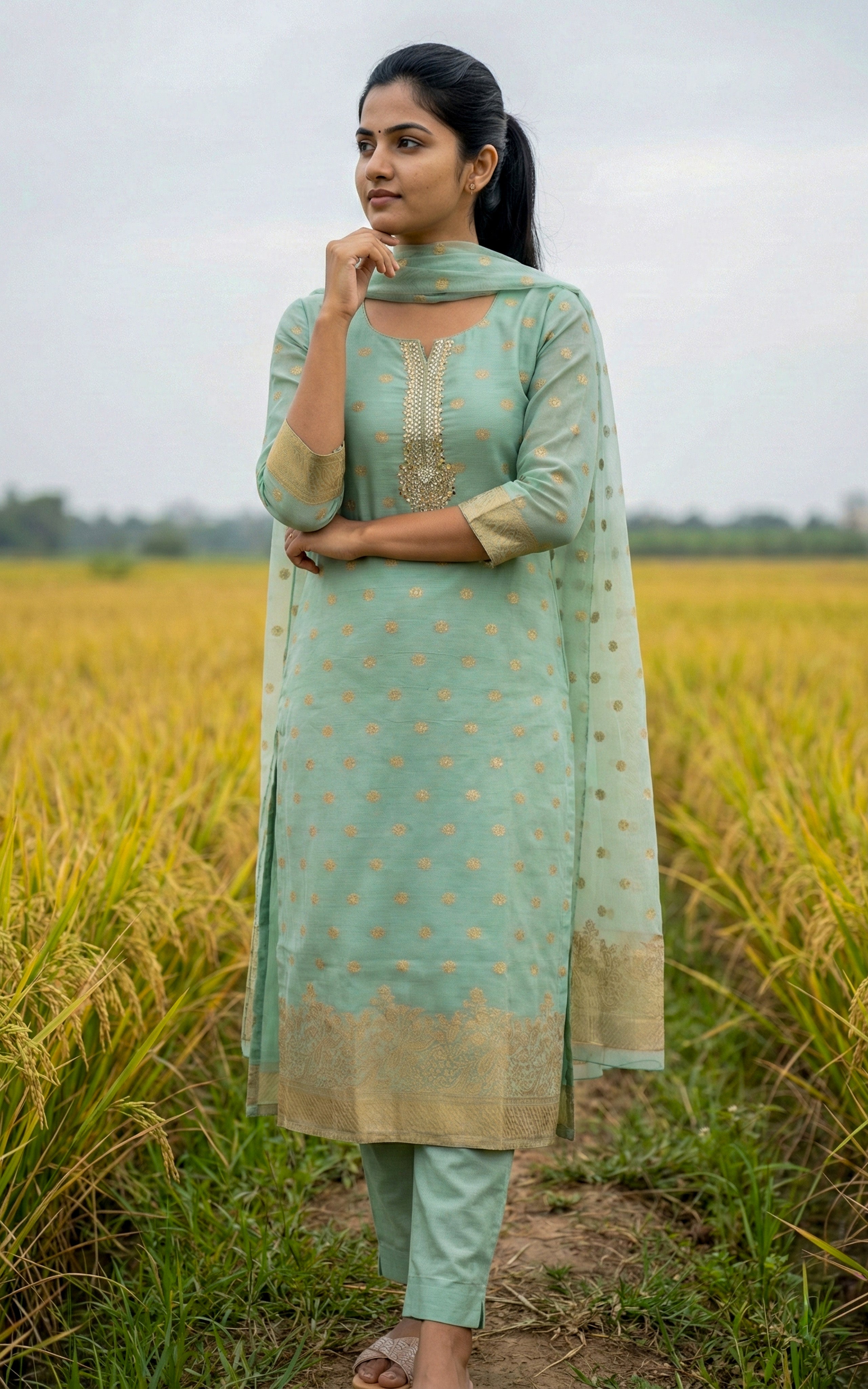 Instore - Pastel Green Chanderi Straight Cut Kurti with Zari Embroidery Neckline, Pant with One Side Pocket & Dupatta