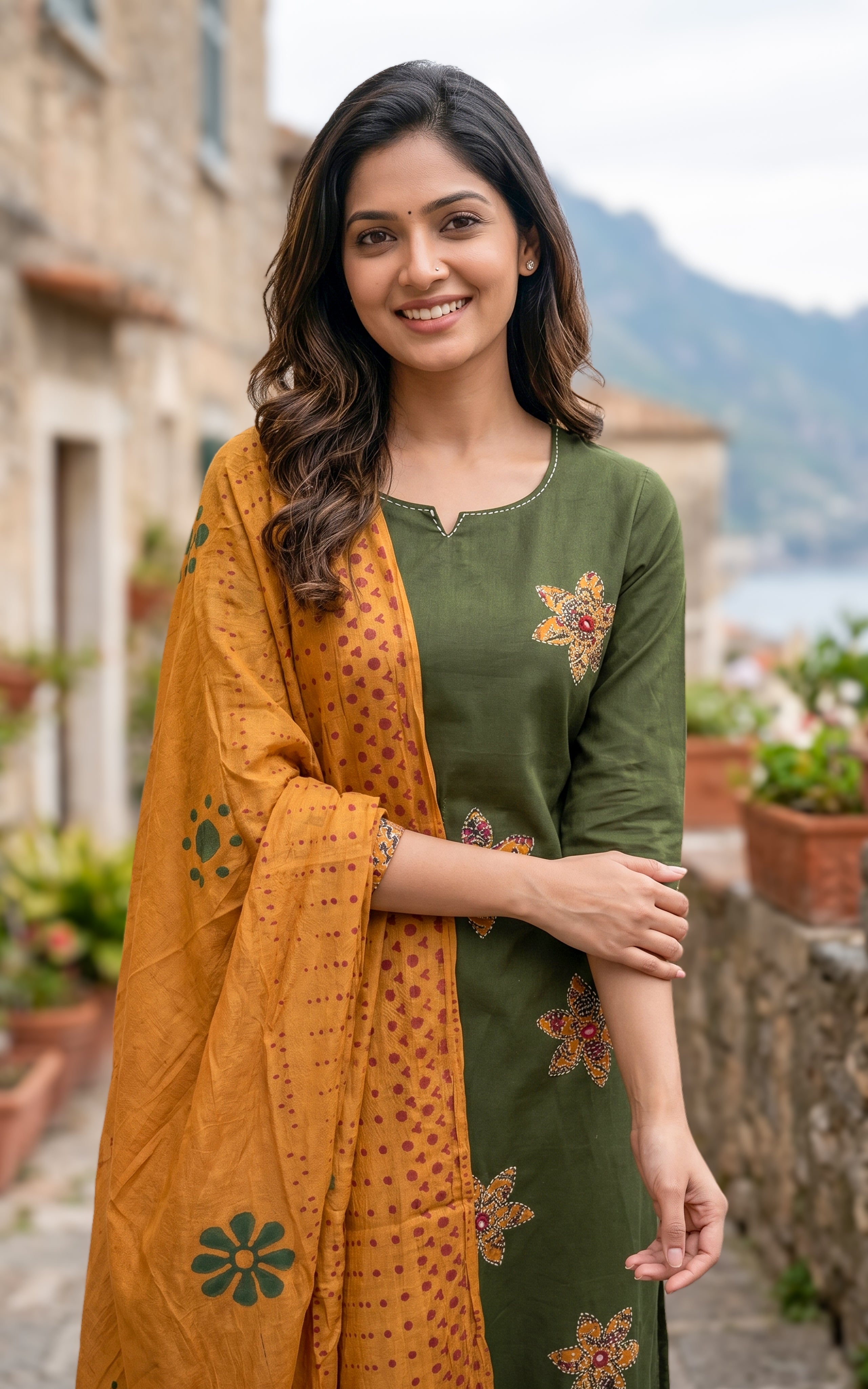 Instore – Green Cotton Kurti Set for Women – Handblock Printed – Ethnic Wear