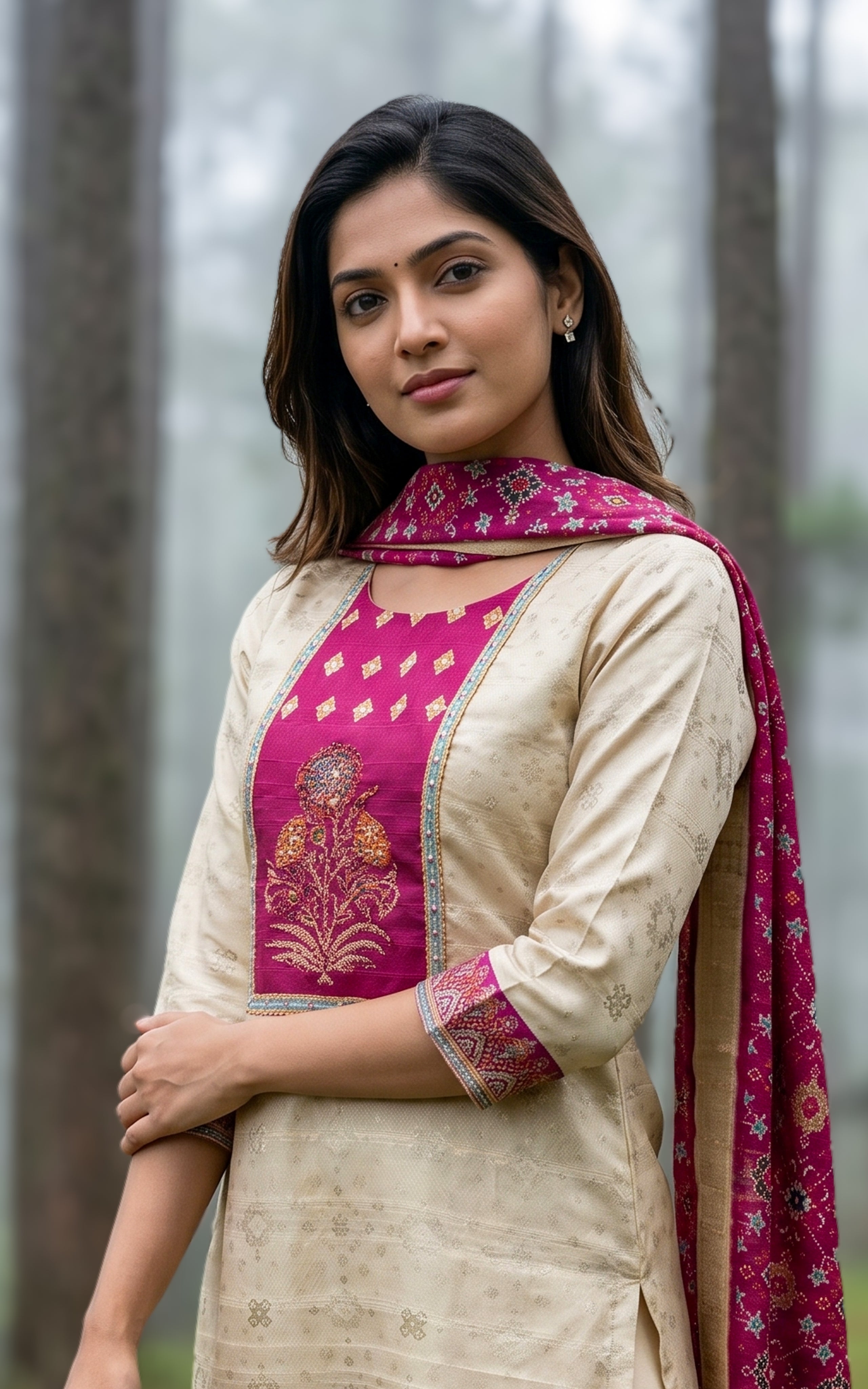 Instore – Beige Madhumeena Kurti Pant Dupatta Set for Women – Art Silk – Festive Ethnic Wear