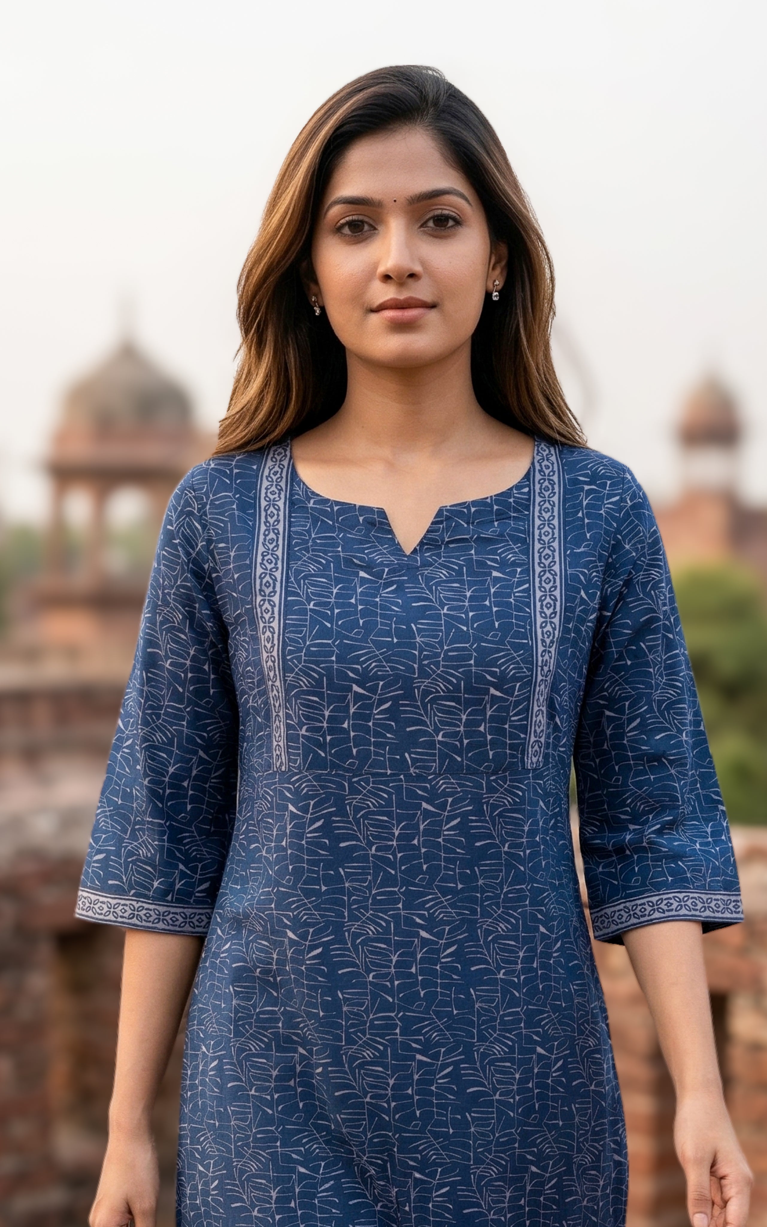 Instore - Navy Blue Color Cotton Printed Aline Kurti with Bell Sleeves and One Side Pocket, No Lining