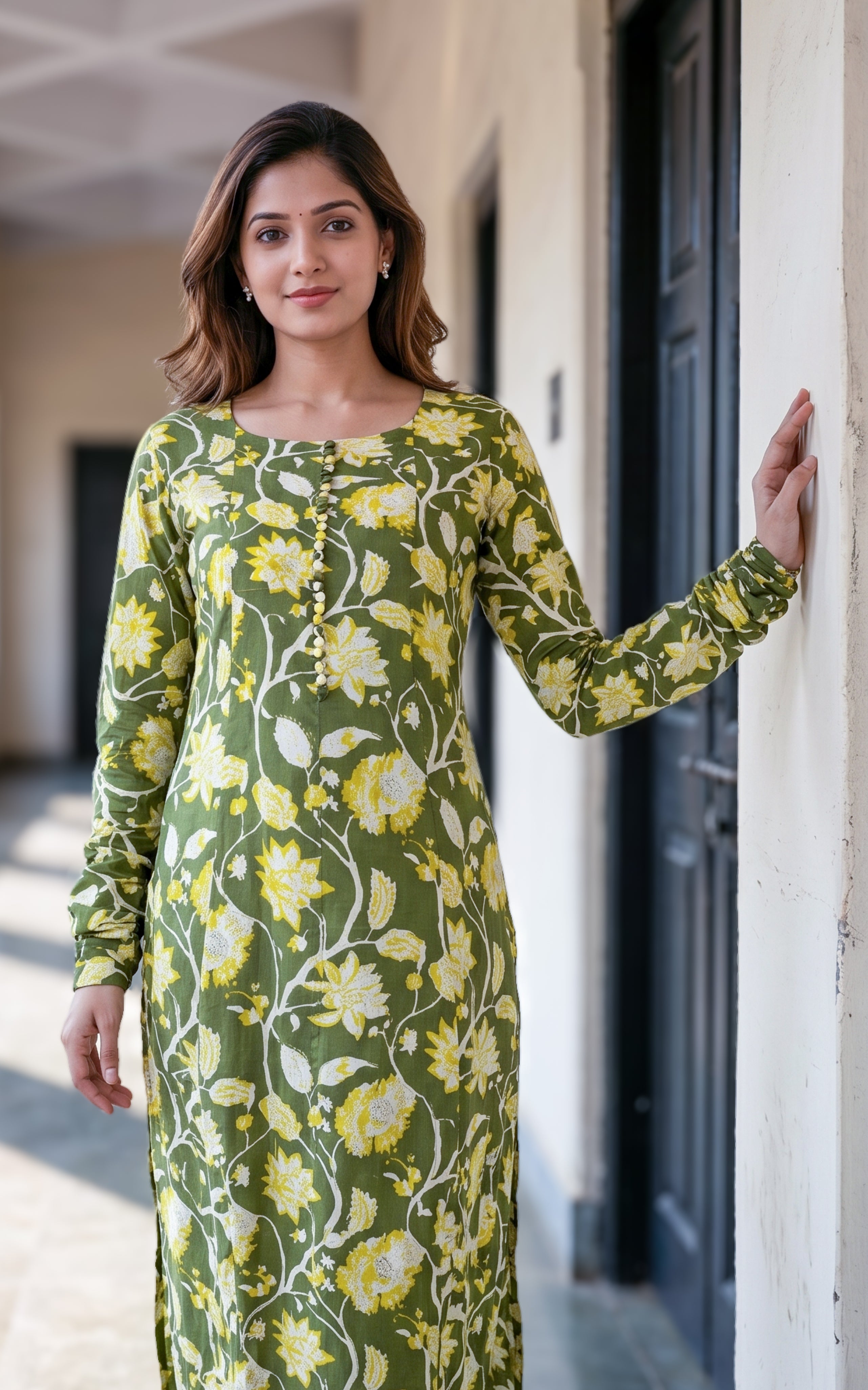 Green cotton Aline kurti for women