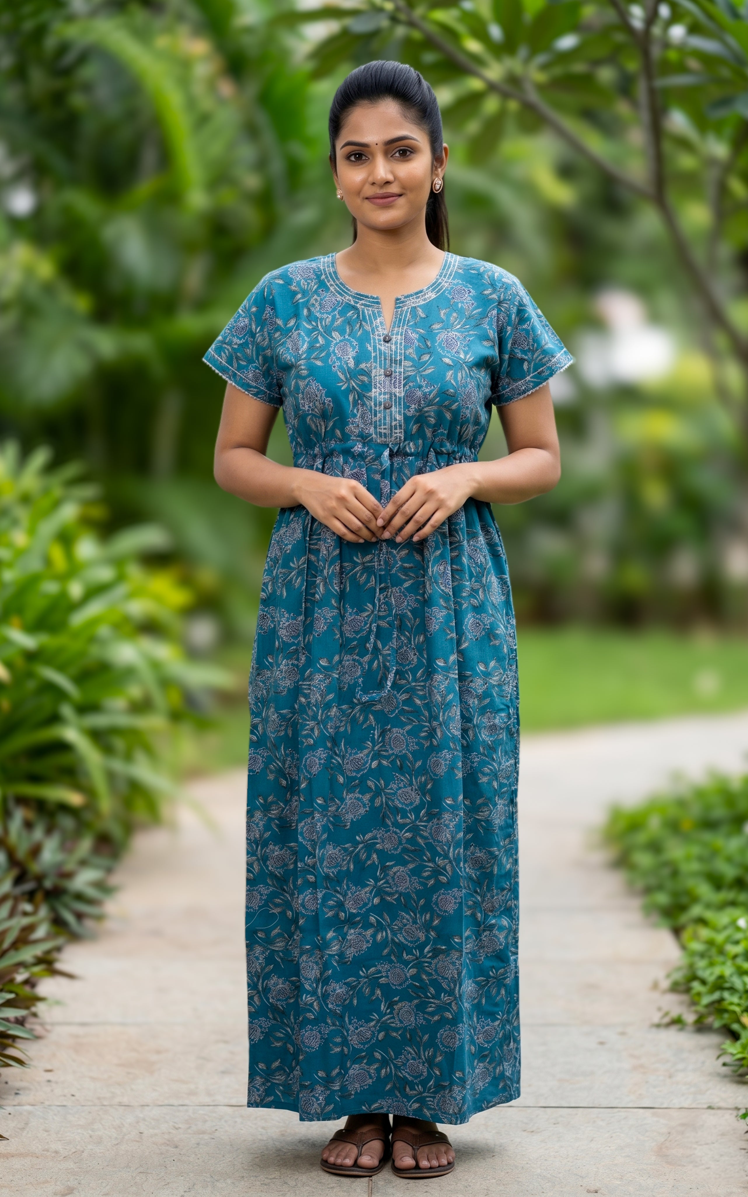 Instore - Teal Blue Floral Print Cotton Long Nighty with Side Pocket, Relaxed Fit, Women's Sleepwear