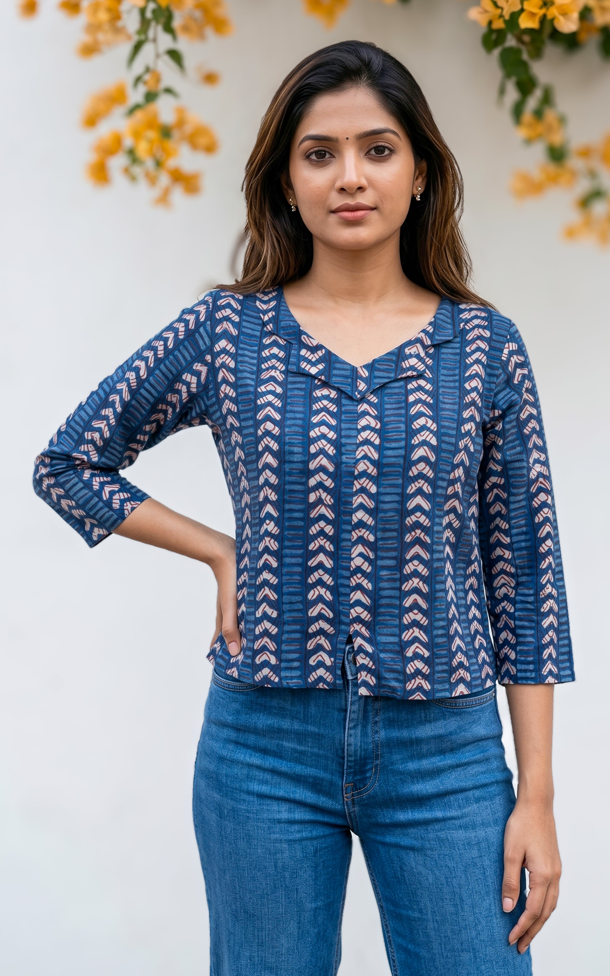 Instore - Indigo Dyed Cotton Printed Notched Collar Short Kurti, No Lining