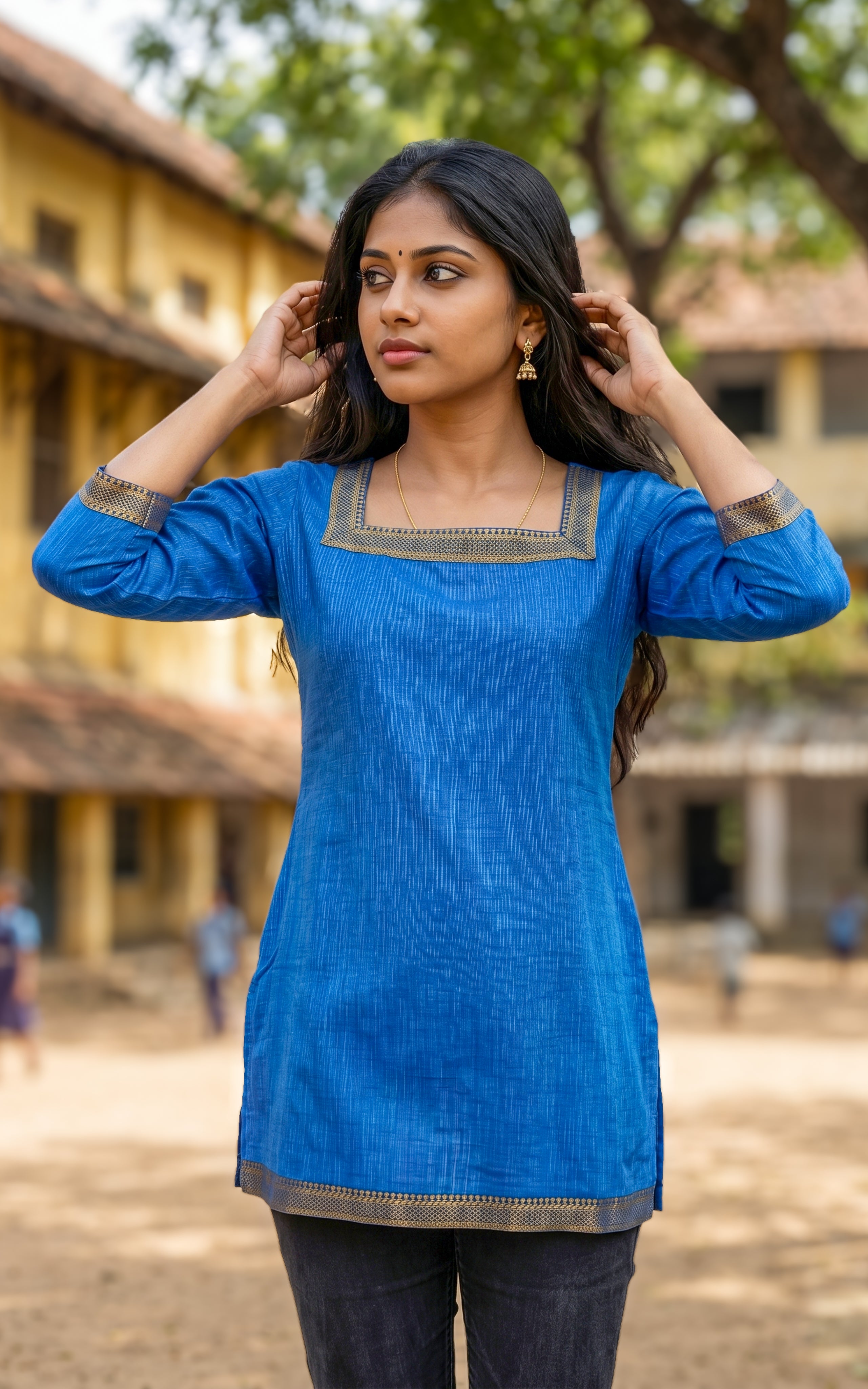 Blue straight cut cotton kurti for women