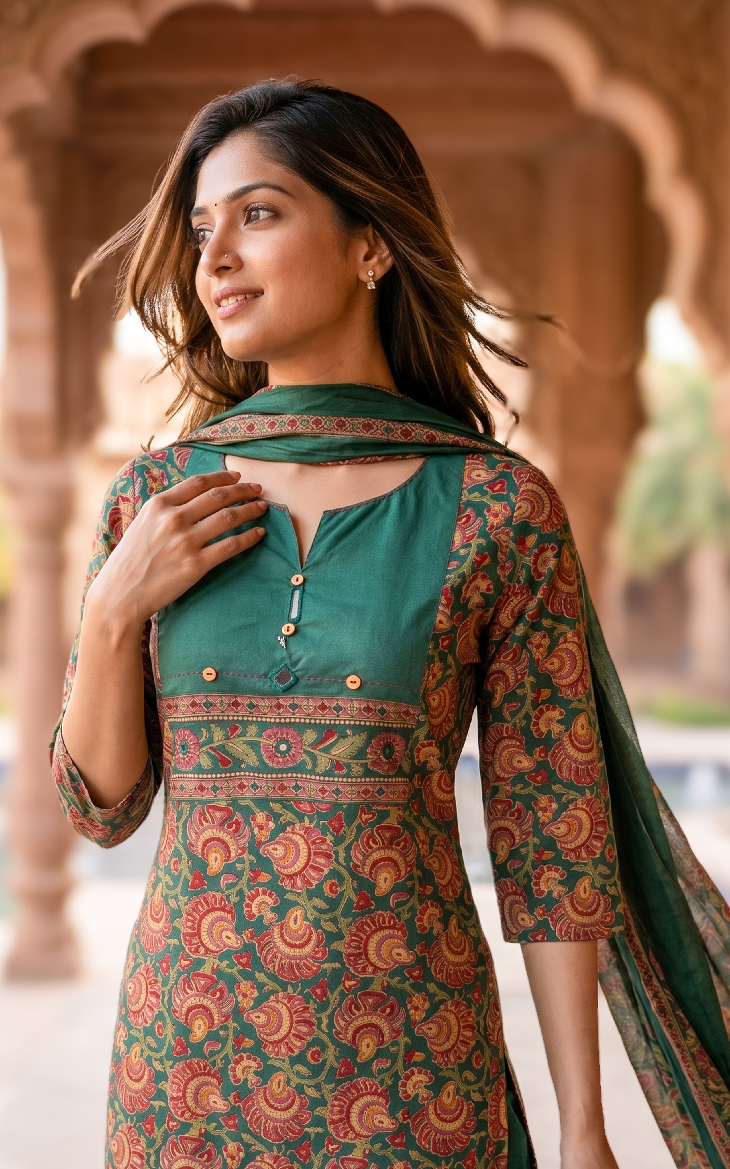 Green Printed Cotton Kurti With Dupatta Women