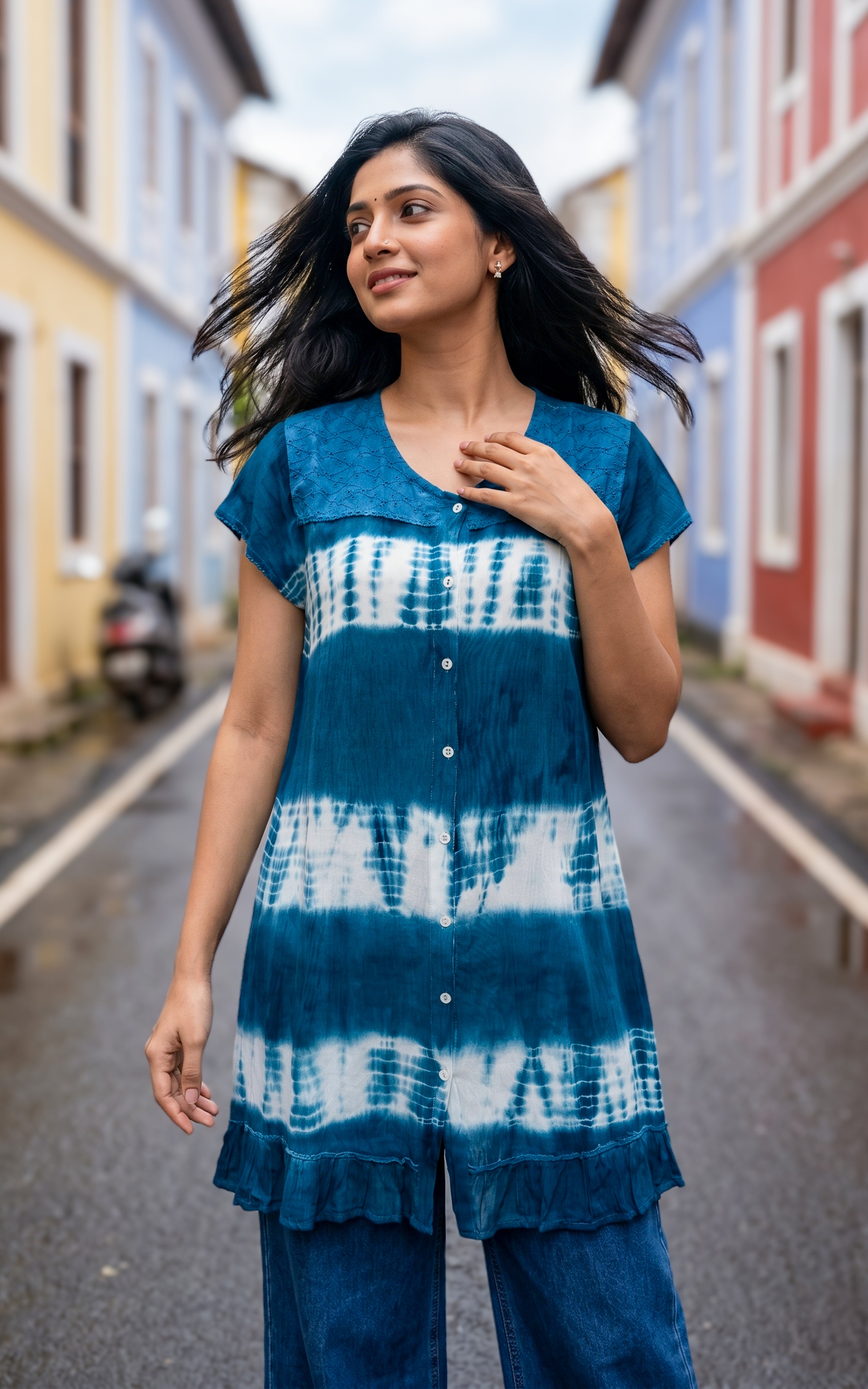 Indigo viscose indo western short top for women