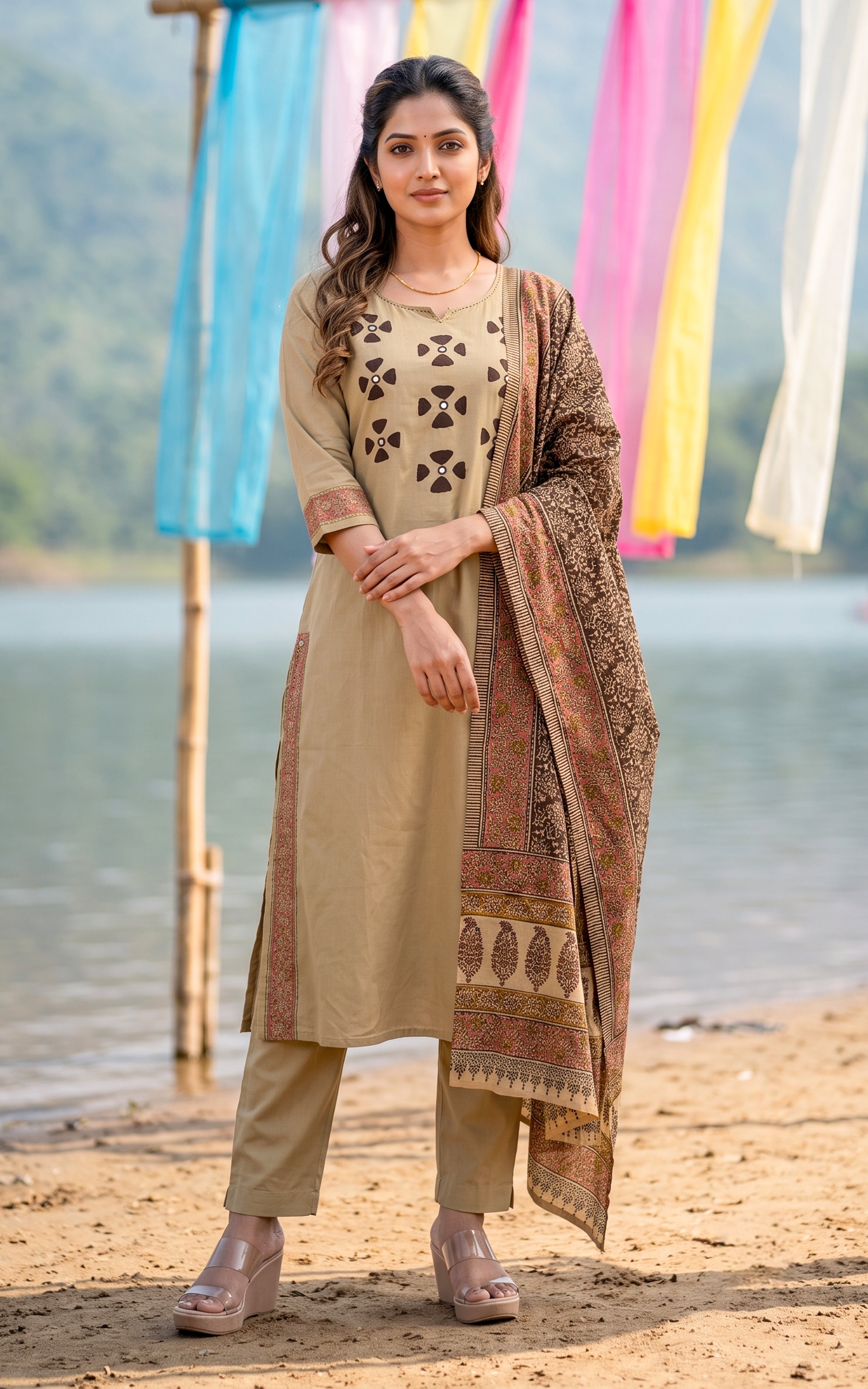 Instore – Beige Tharunya Handblock Kurti Pant Dupatta Set for Women – Cotton – Handblock Printed – Ethnic Wear