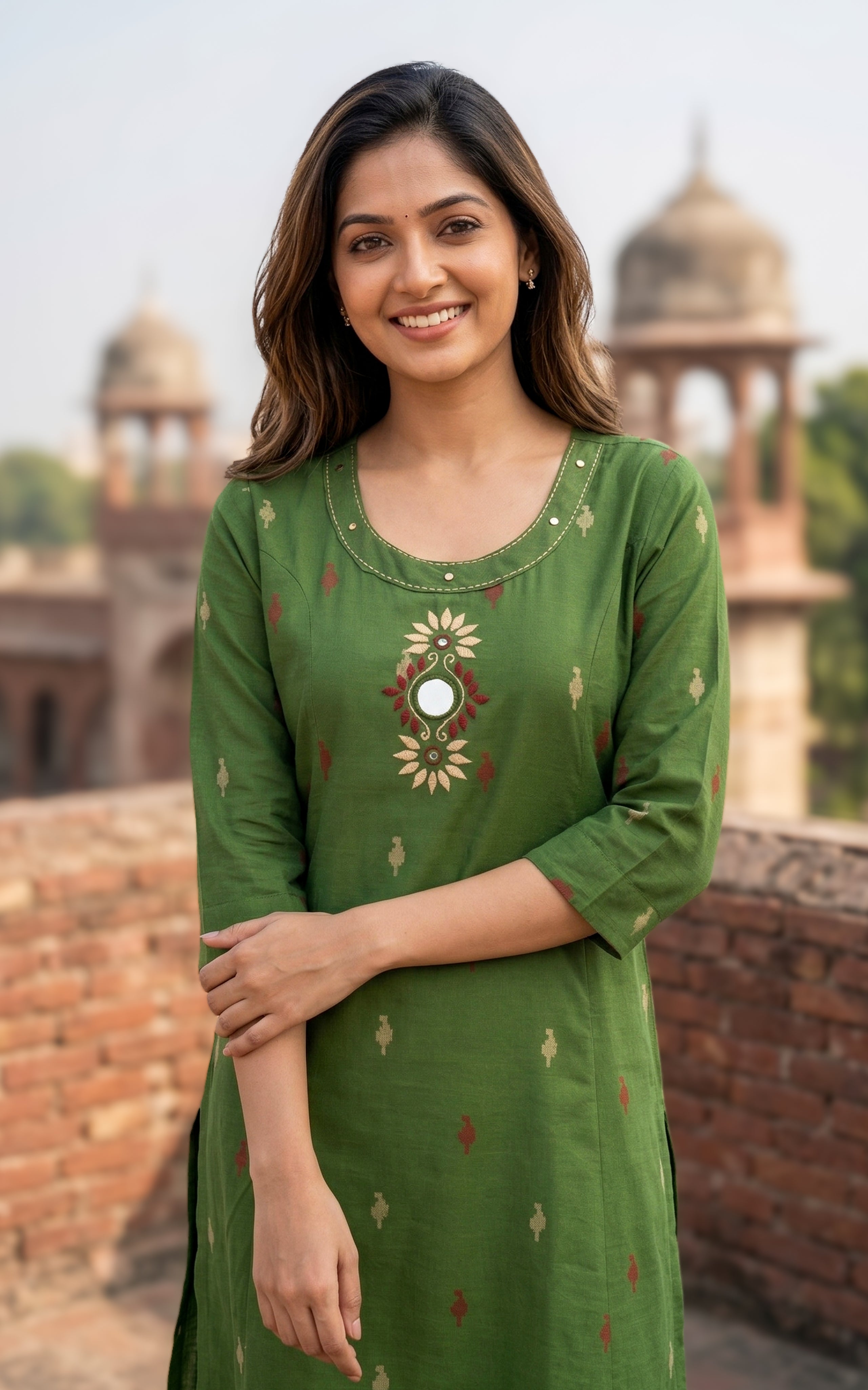 Instore - Green Cotton Blend Straight Kurti with Round Neck, Mirror Embroidery, Side Slits, Palazzo Pant, No Lining
