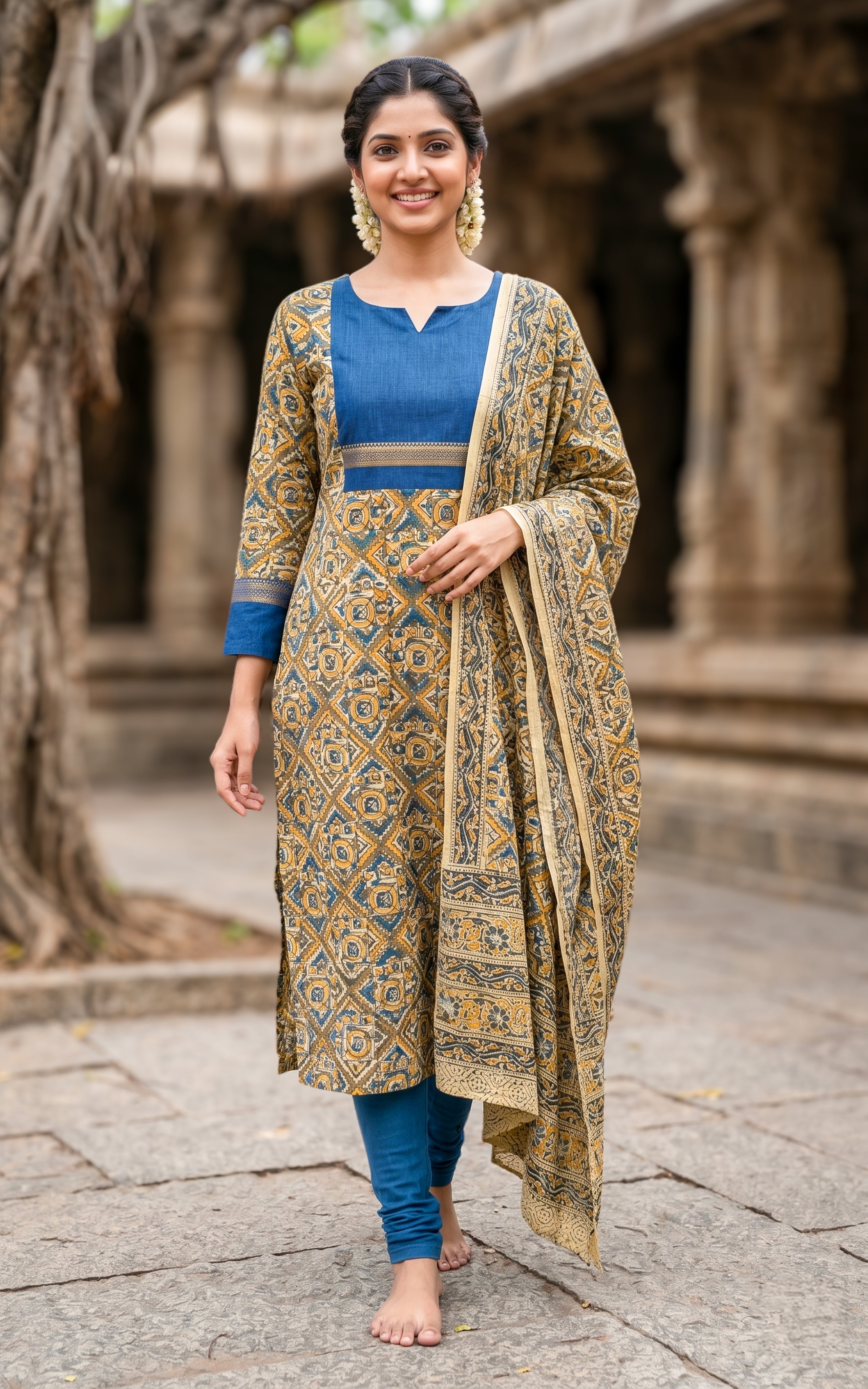 Instore-Avanitha A (Kurti+Dupatta)-Kalamkari Cotton -Mustard color- 3/4th Sleeve Kurti- Daily vogue-Summer outfit - Summer collection - women kurti-
