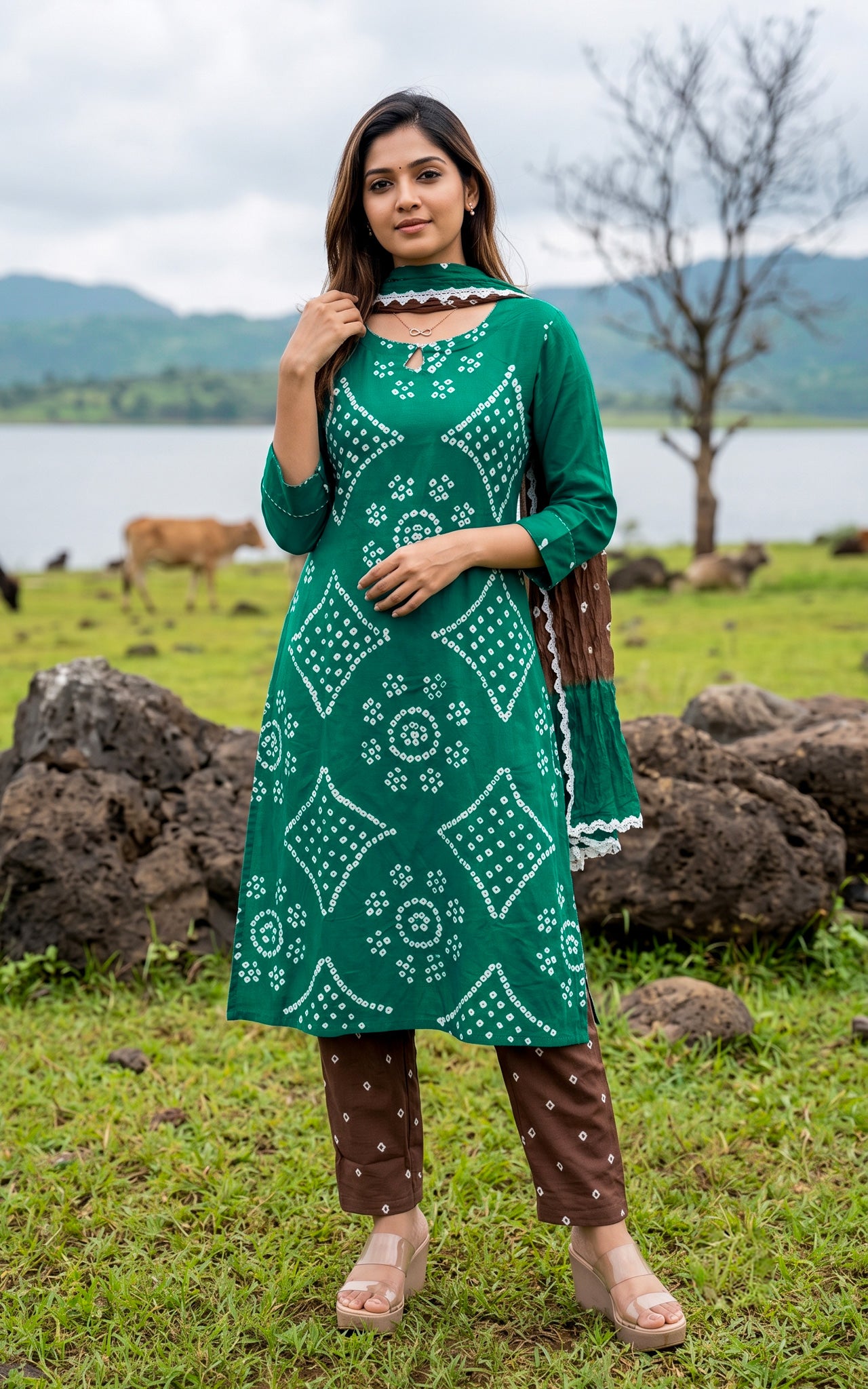 Rama Green and Brown Cotton Office Wear Kurti Set for Women