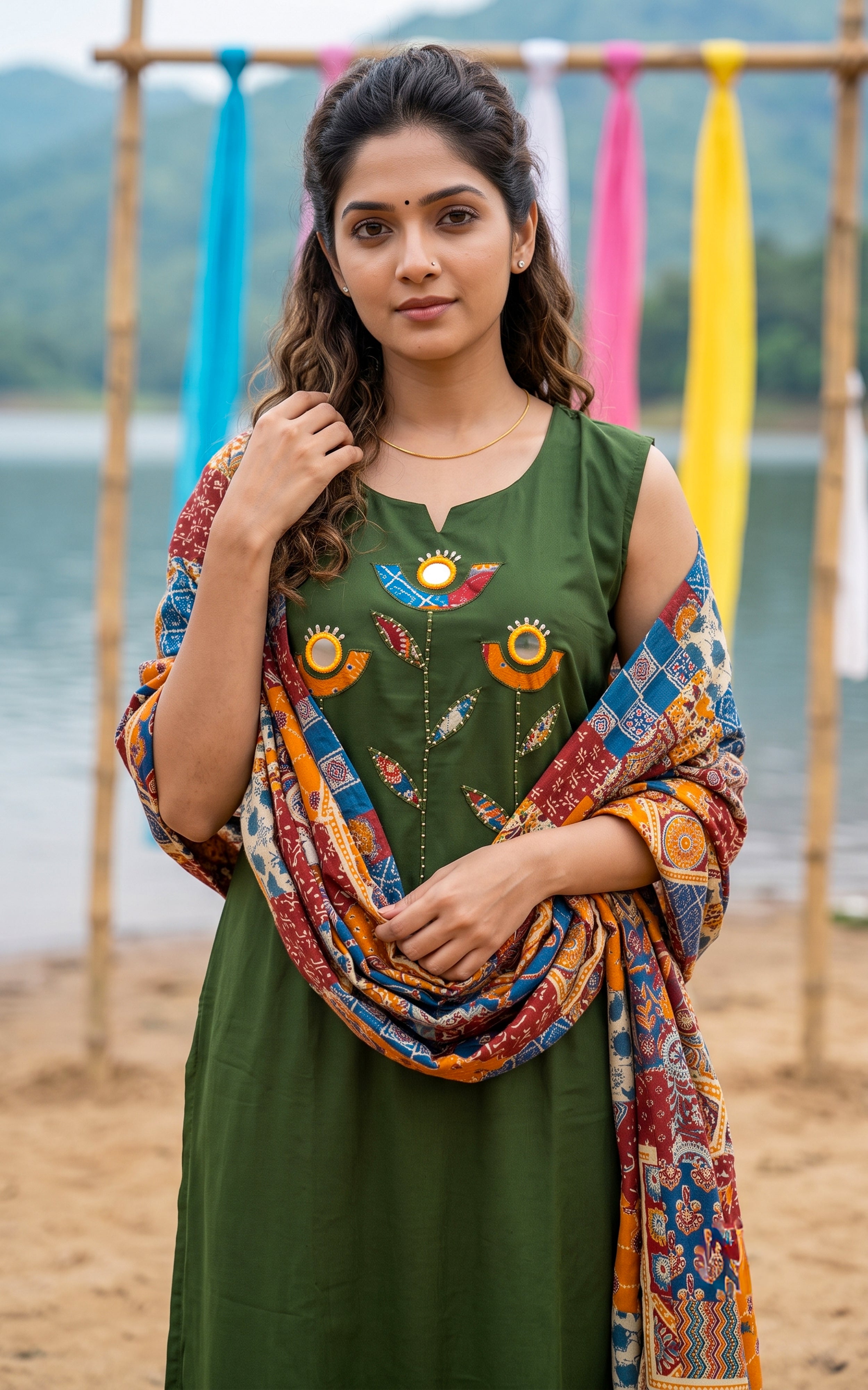 Instore – Green Carolina Kurti Pant Dupatta Set for Women – Cotton – Printed – Ethnic Wear