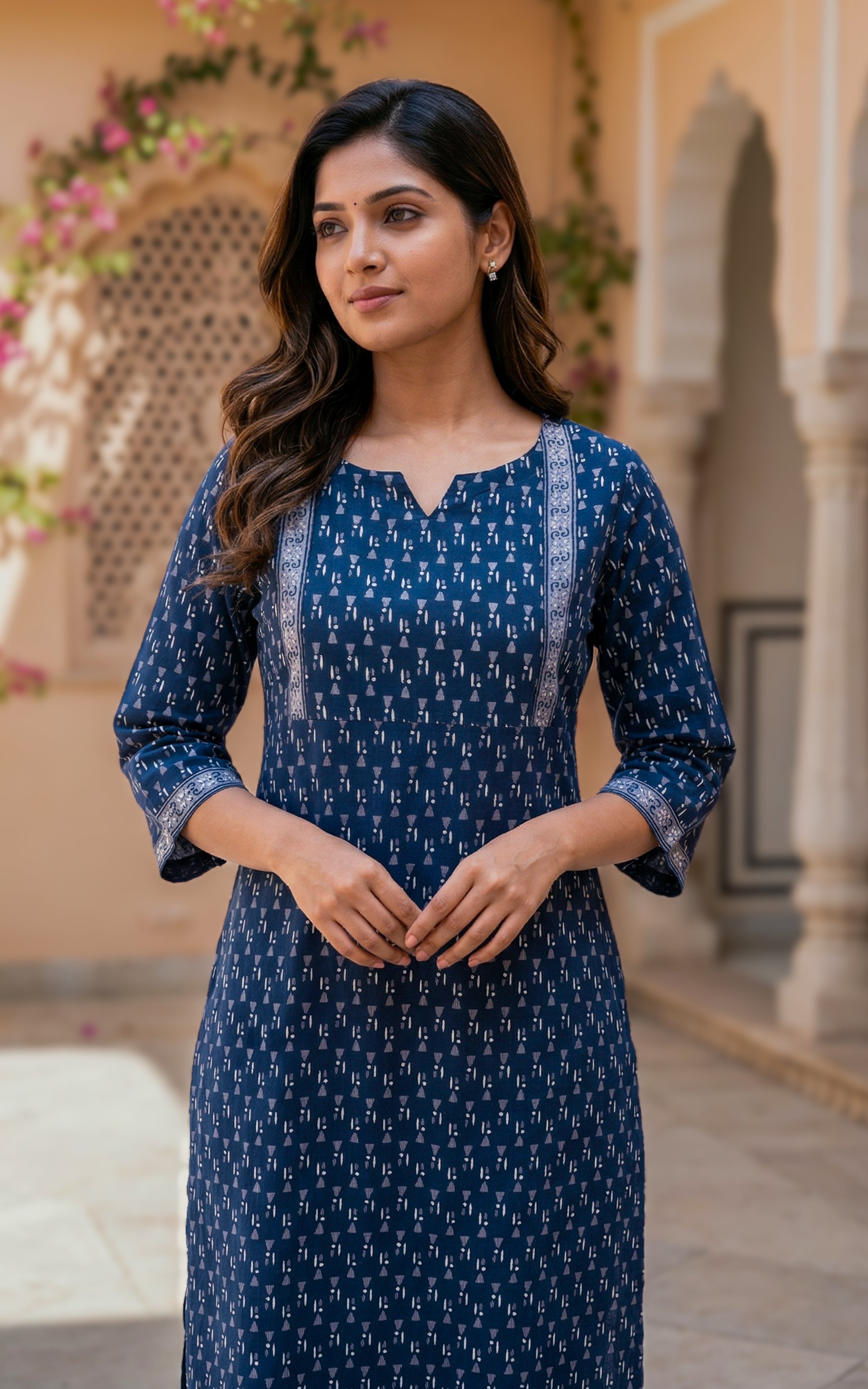 Instore - Navy Blue Color Cotton Printed Aline Kurti with Bell Sleeves and One Side Pocket, No Lining