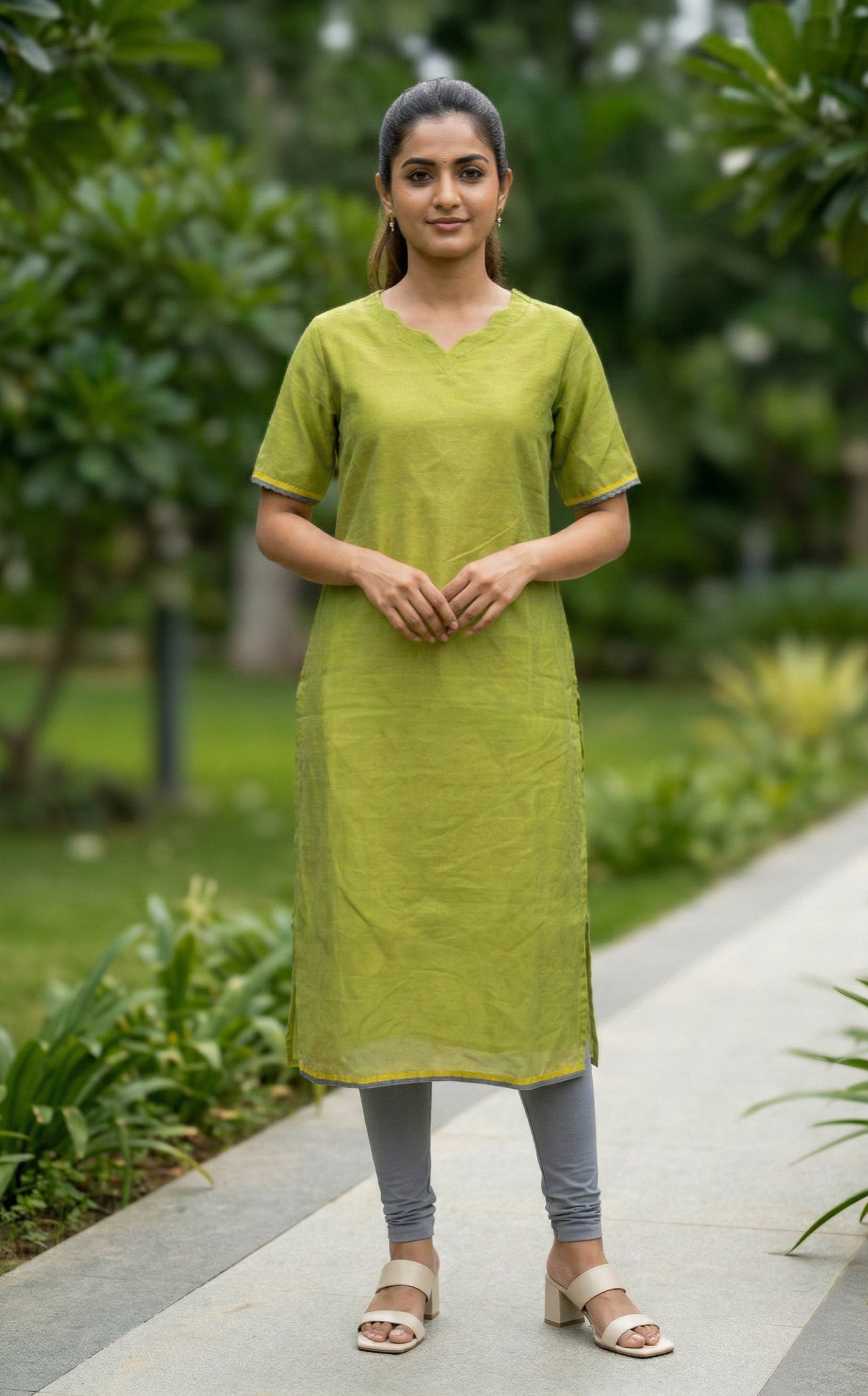 Green Silk Cotton Straight Cut Kurti Daily Wear