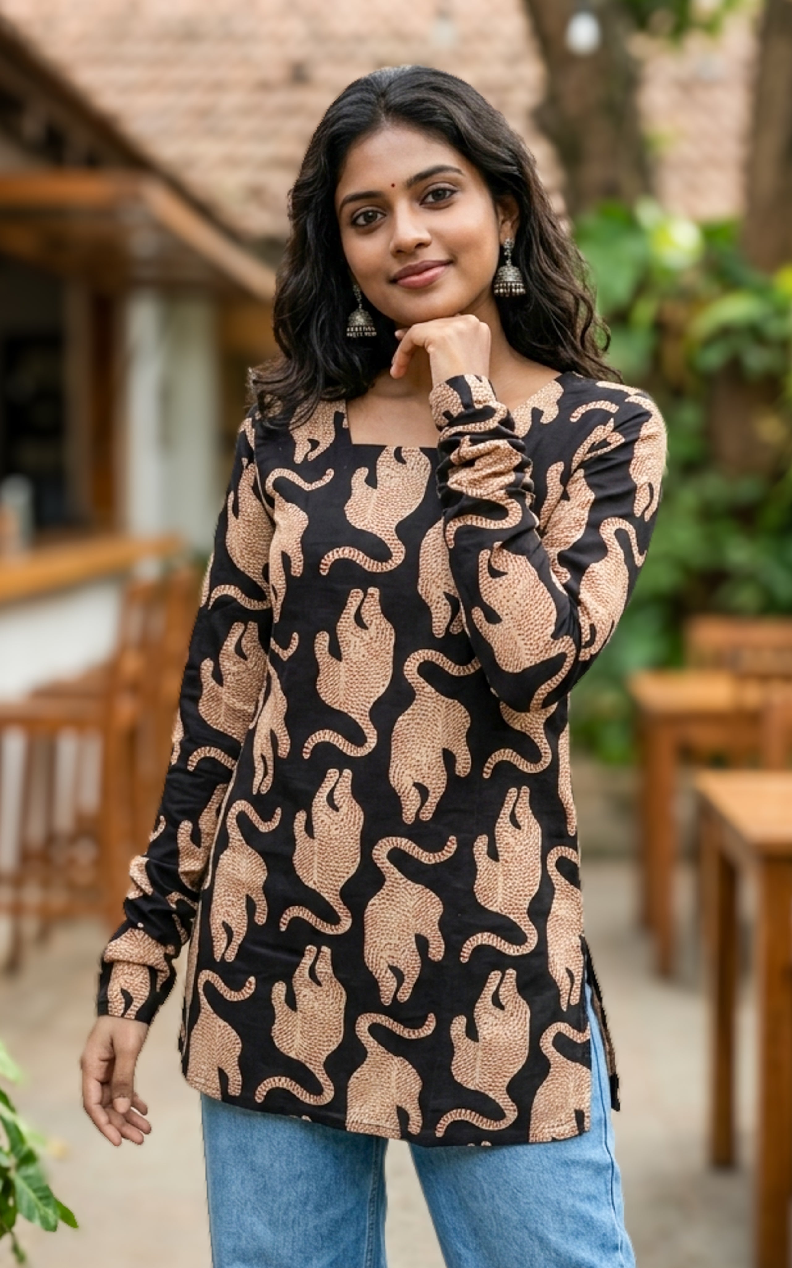 Instore – Handblock Printed Cotton Short Straight Cut Kurti for Women – Gathered Sleeves – Ethnic Wear