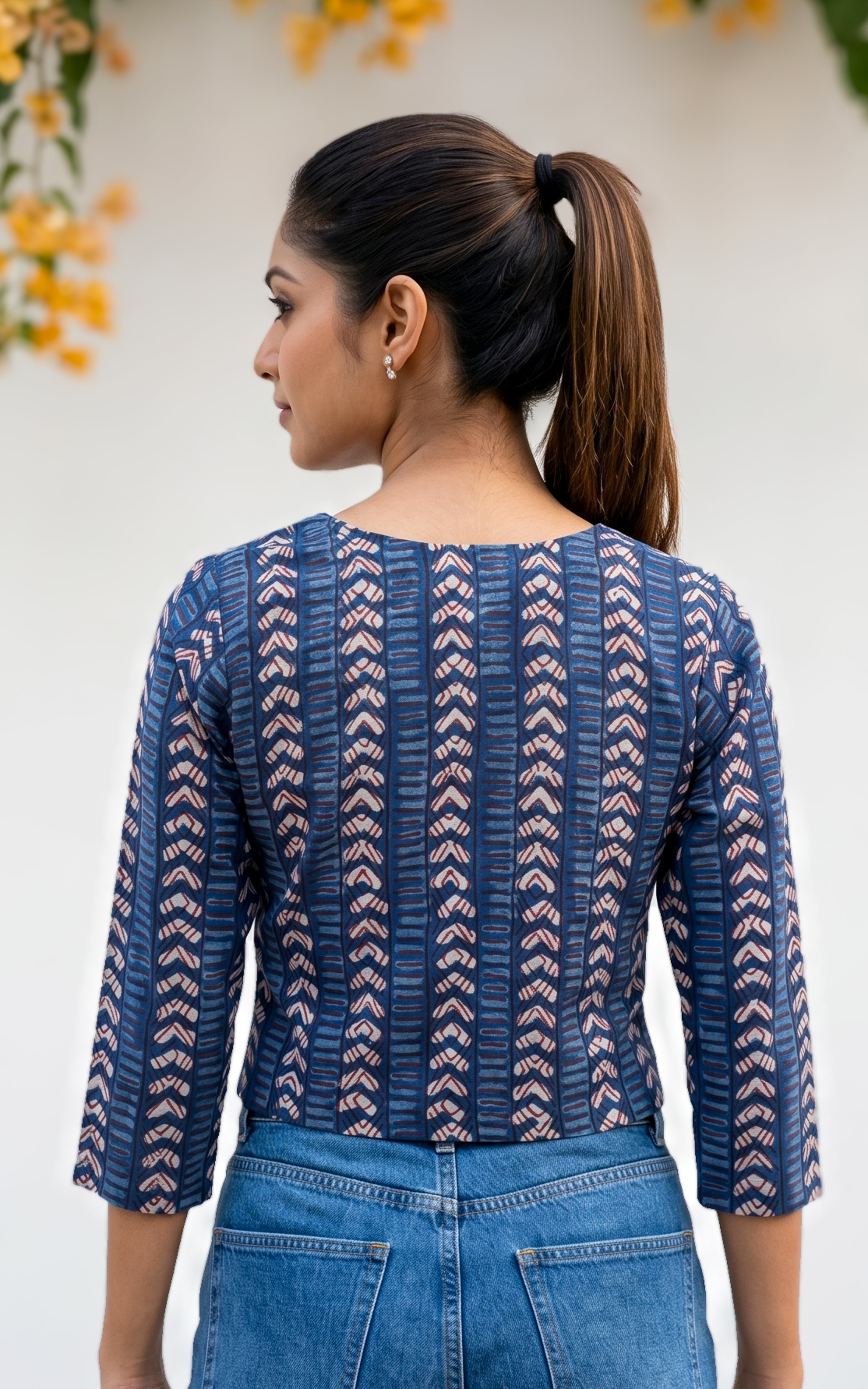 Instore - Indigo Dyed Cotton Printed Notched Collar Short Kurti, No Lining