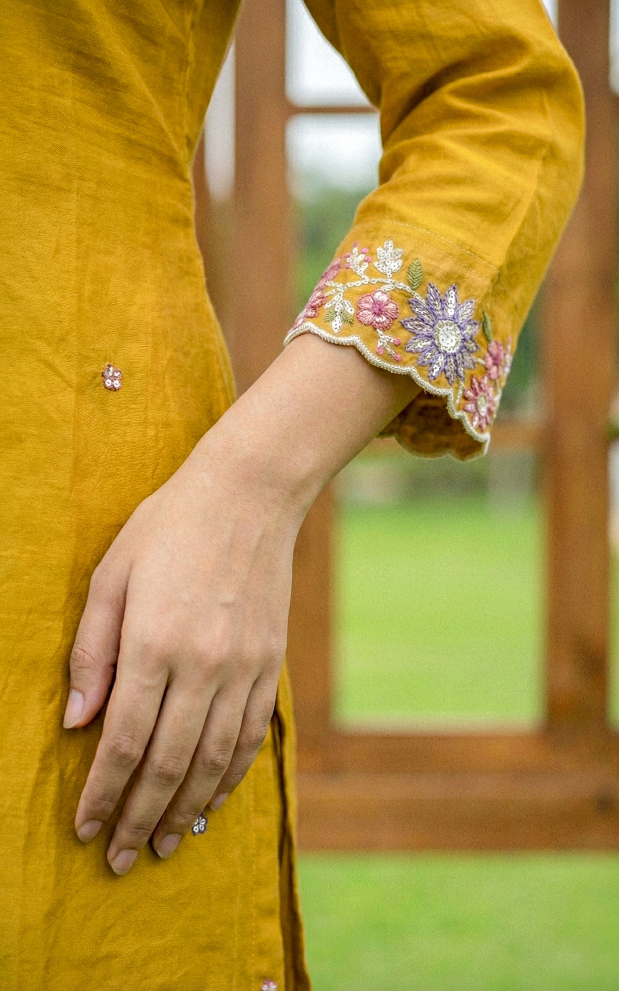 Instore - Mustard art silk straight cut kurti with floral embroidery & matching embroidered dupatta set