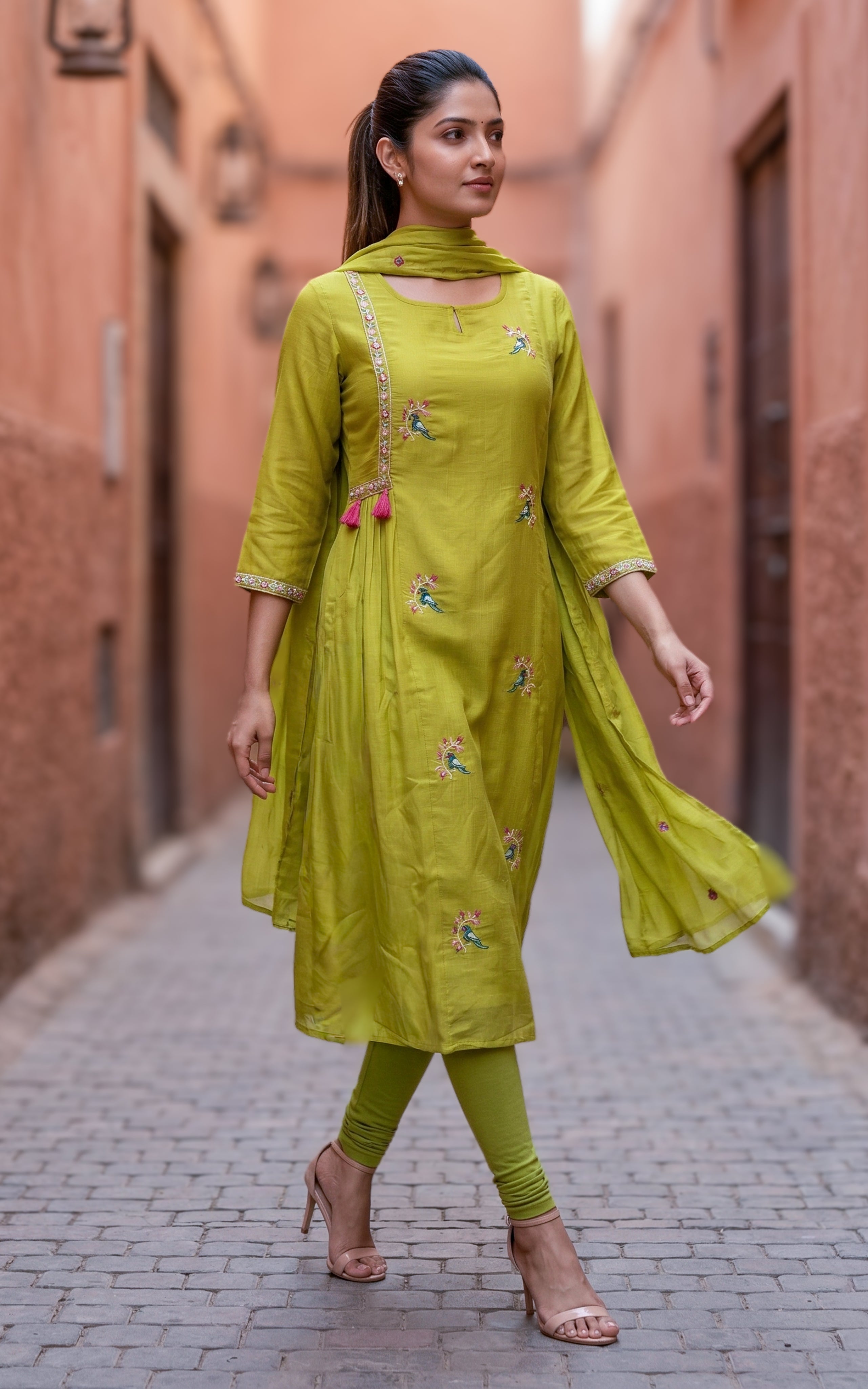 Kili Mozhi Lime Green (Kurti+Dupatta)